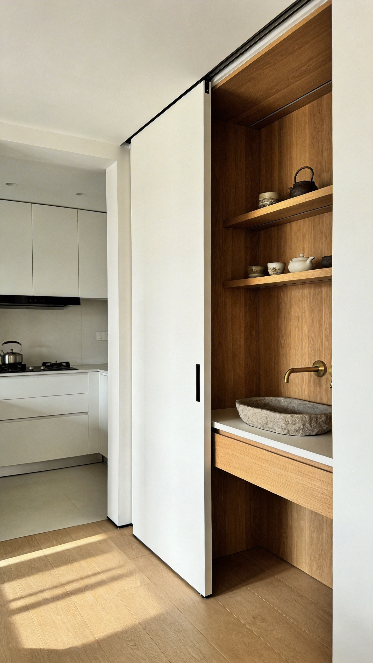 A minimalist white kitchen with open retractable doors revealing a dedicated tea station with warm oak wood accents and ceramic tea sets.