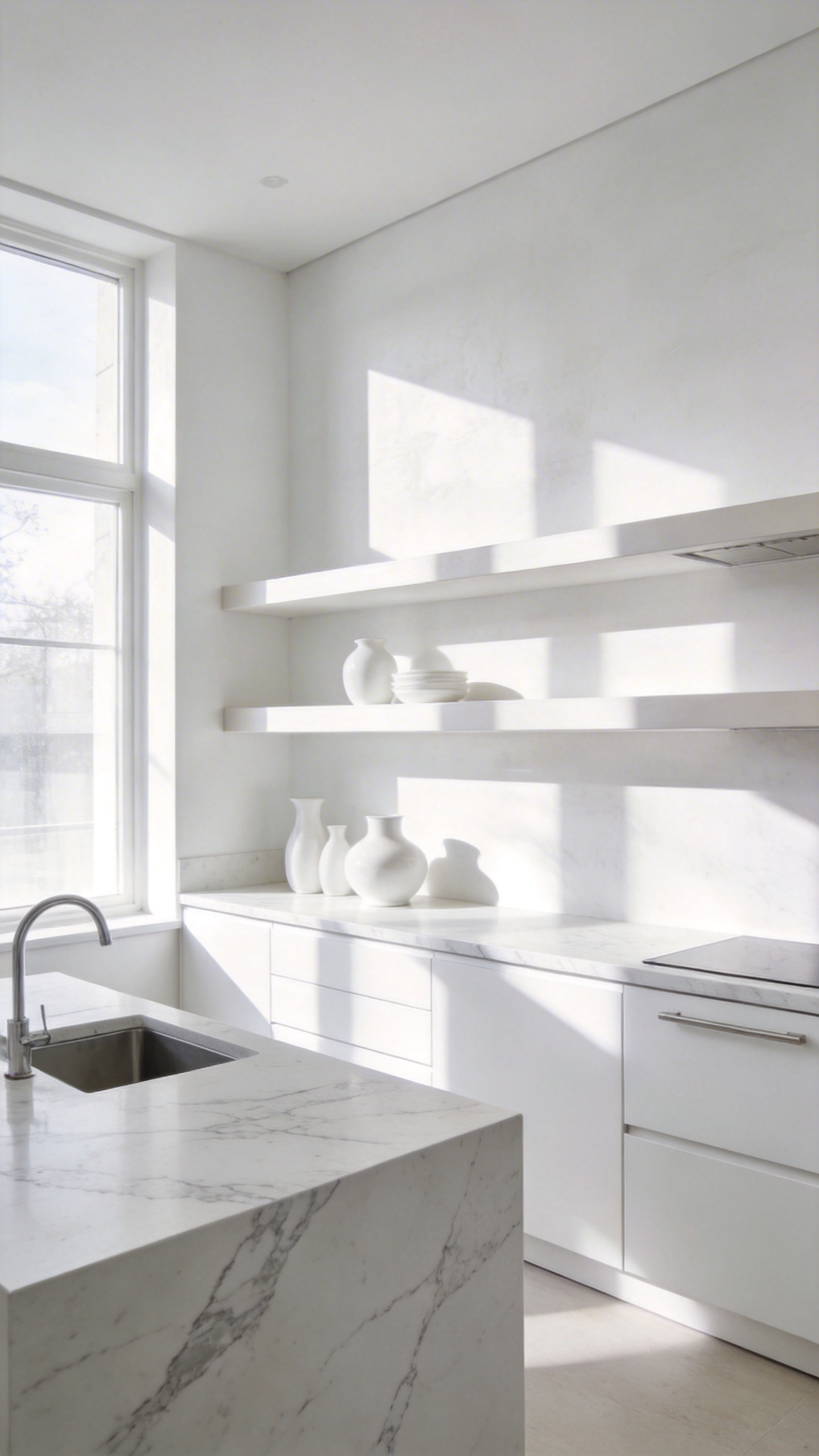 A bright modern kitchen showcasing minimalist white architectural floating shelves that blend seamlessly into the wall above white marble countertops.