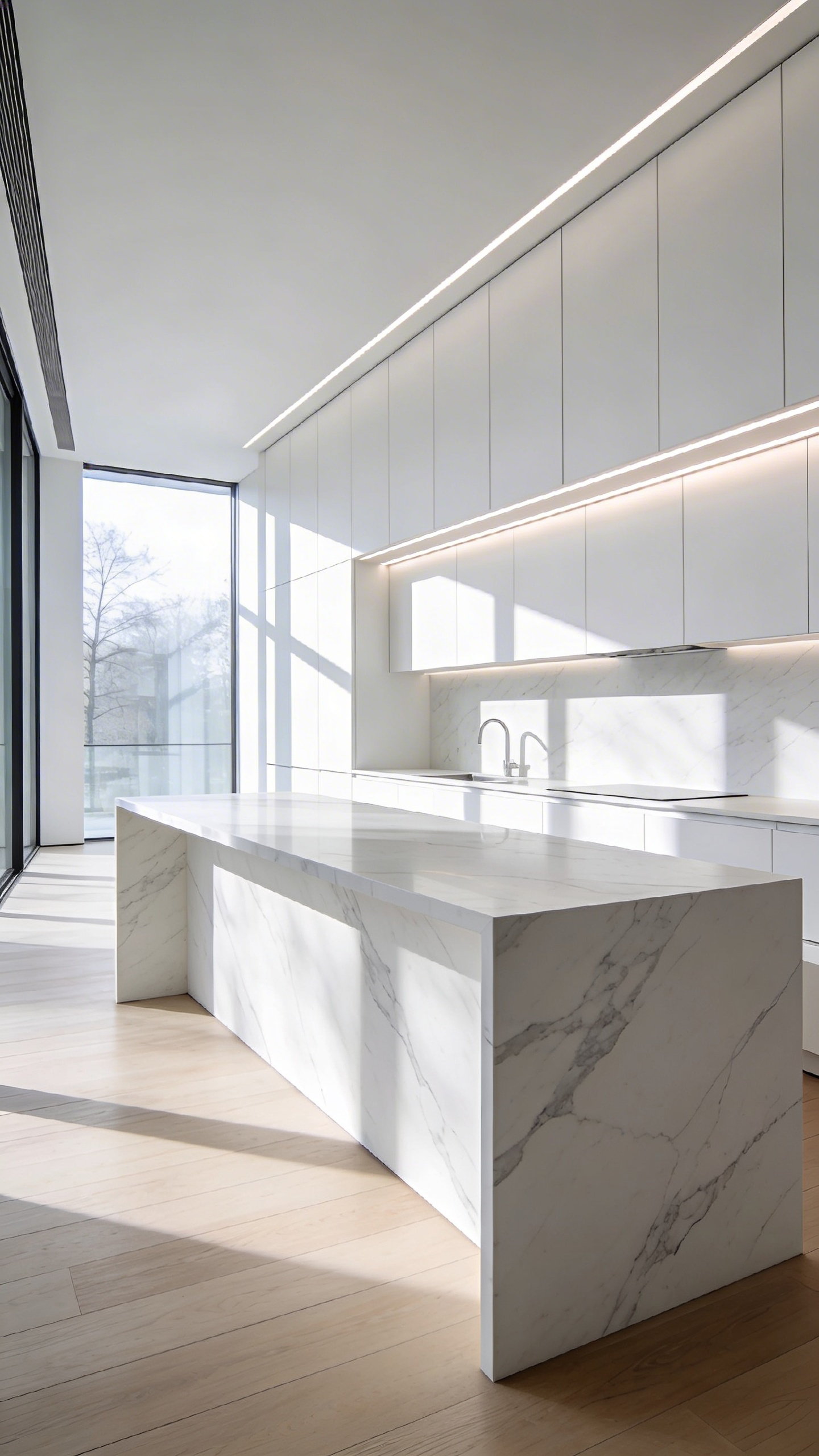 Modern minimalist white kitchen featuring seamless handleless cabinetry with horizontal Gola profile shadow lines and a marble island.