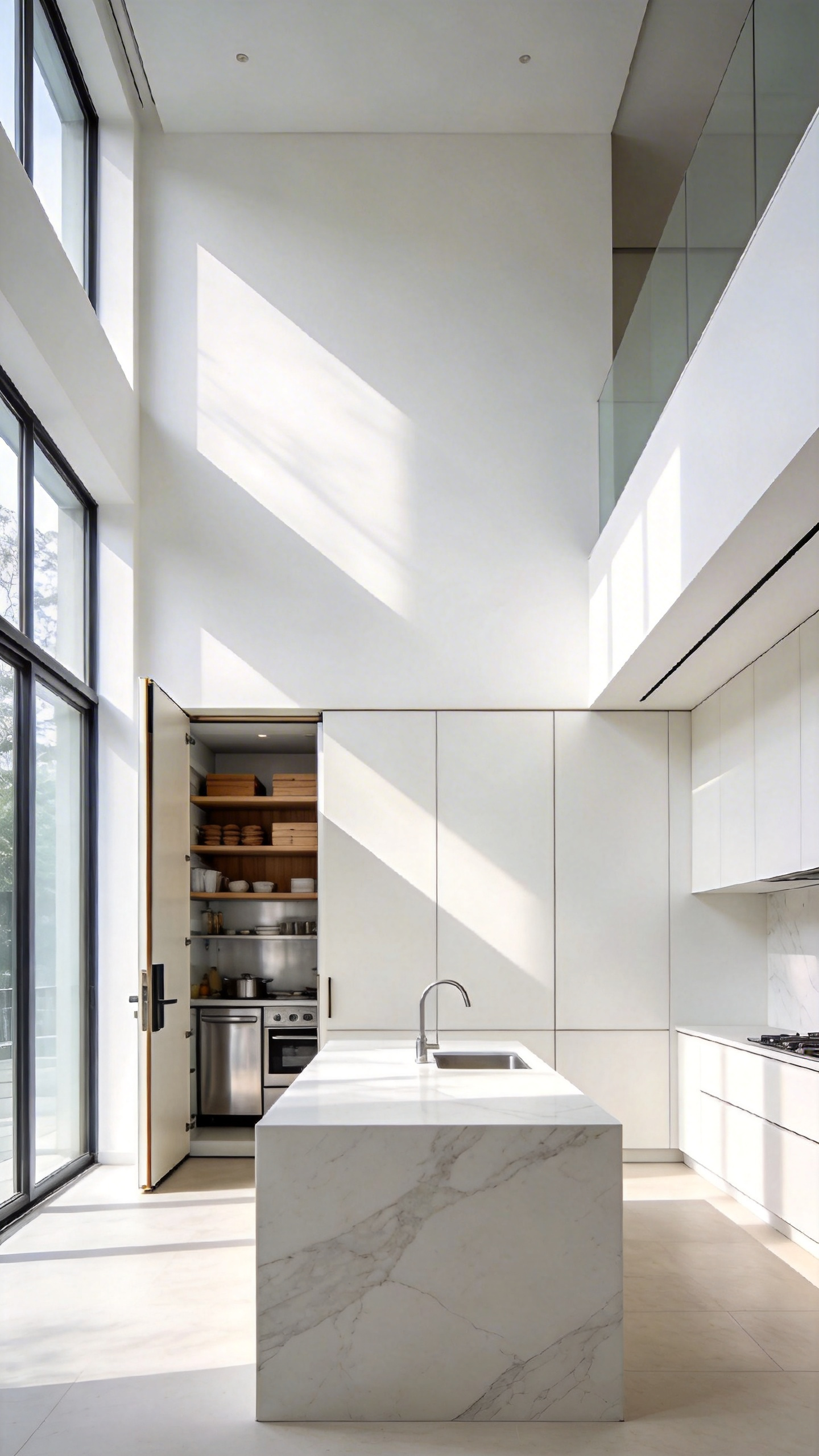 A modern minimalist white kitchen with a secret door opening into a hidden scullery and prep pantry.