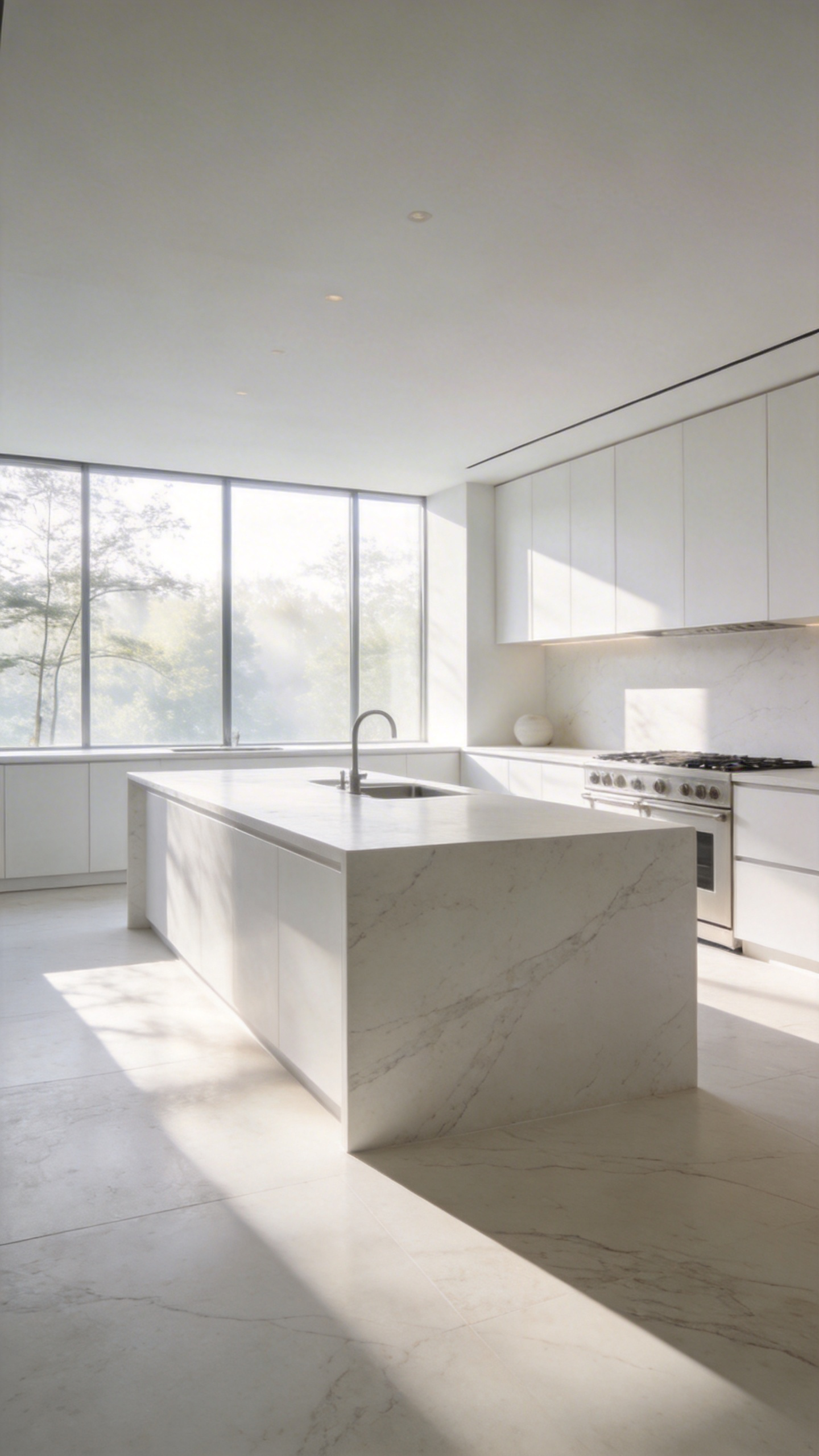 A minimalist white kitchen with honed white marble countertops and a large island under soft natural light.