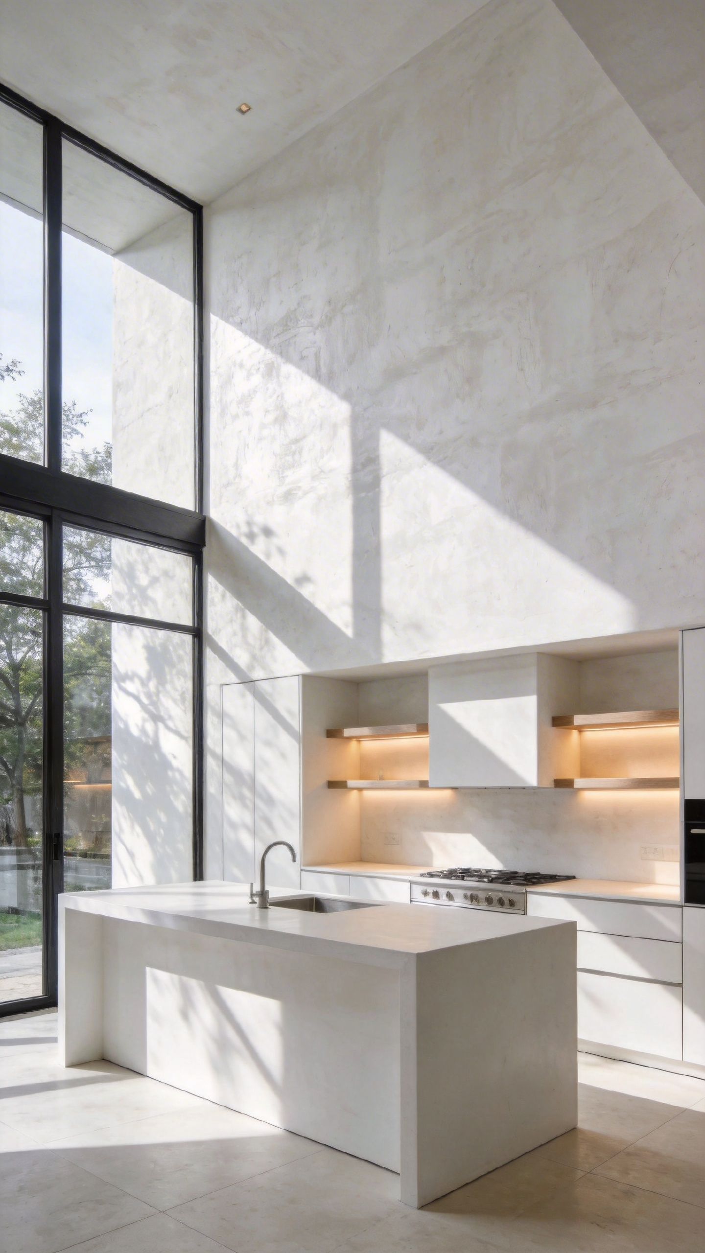 A modern white kitchen featuring textured Limewash plaster walls and a seamless Tadelakt island illuminated by soft natural light.