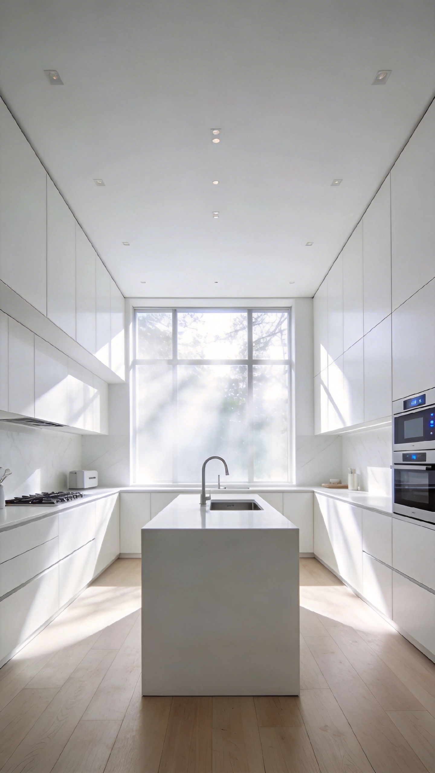 A spacious modern white kitchen featuring smart matte cabinetry and a soft velvety glow from diffused lighting.
