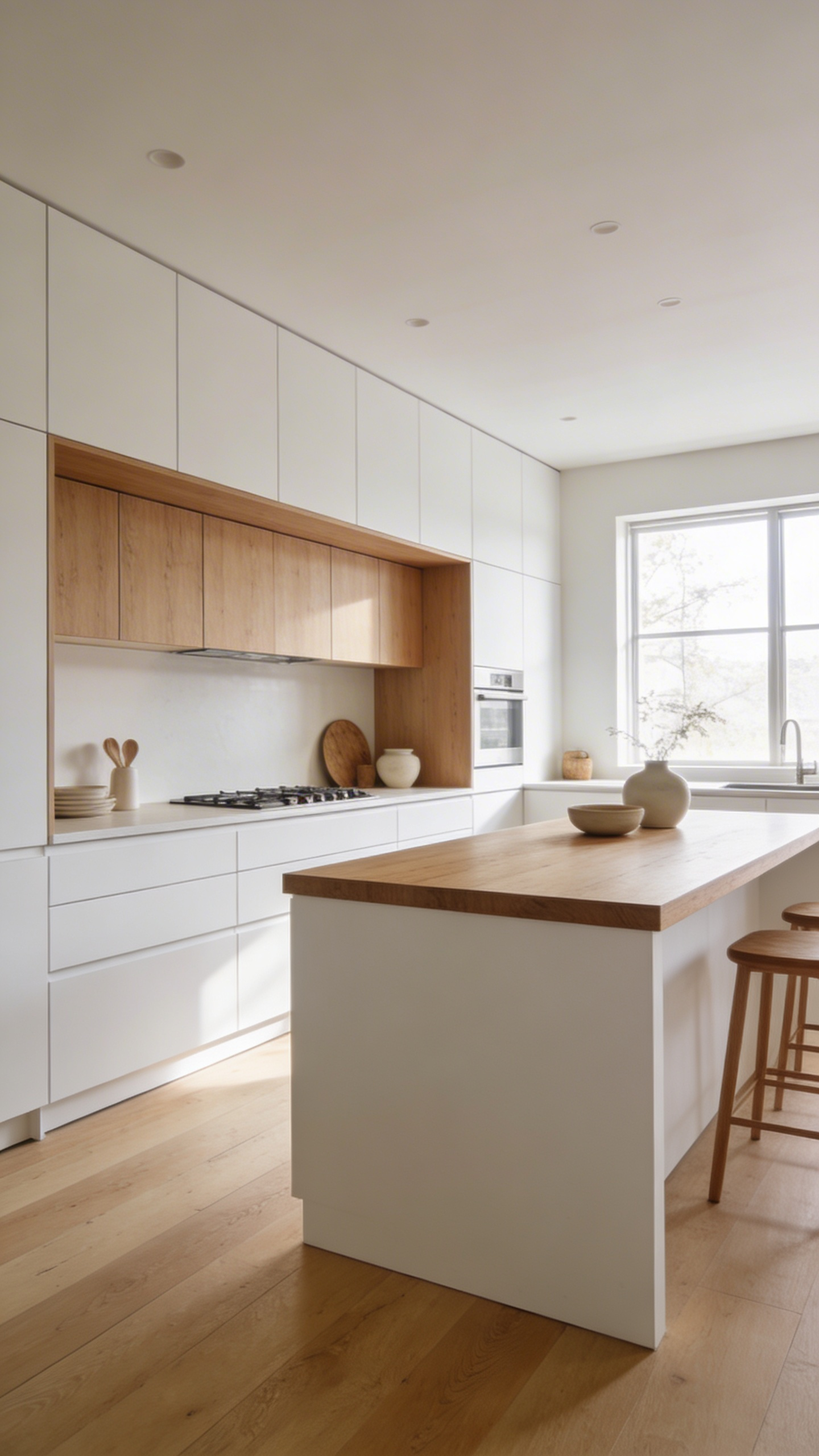A bright Japandi kitchen design with matte white cabinets, light oak wood island, and soft natural lighting.