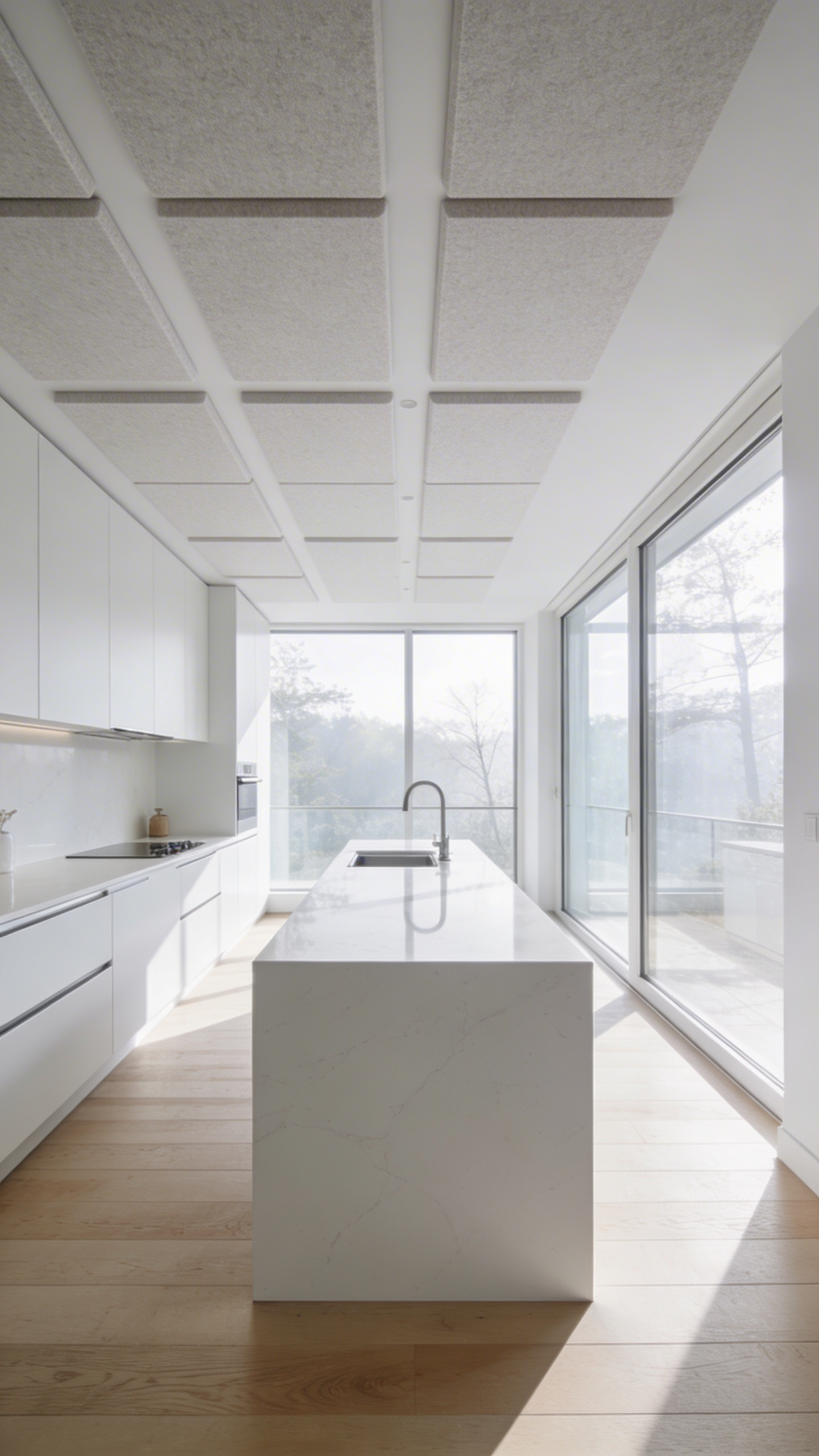 A bright minimalist white kitchen with quartz countertops and integrated acoustic dampening materials for a peaceful sound environment.