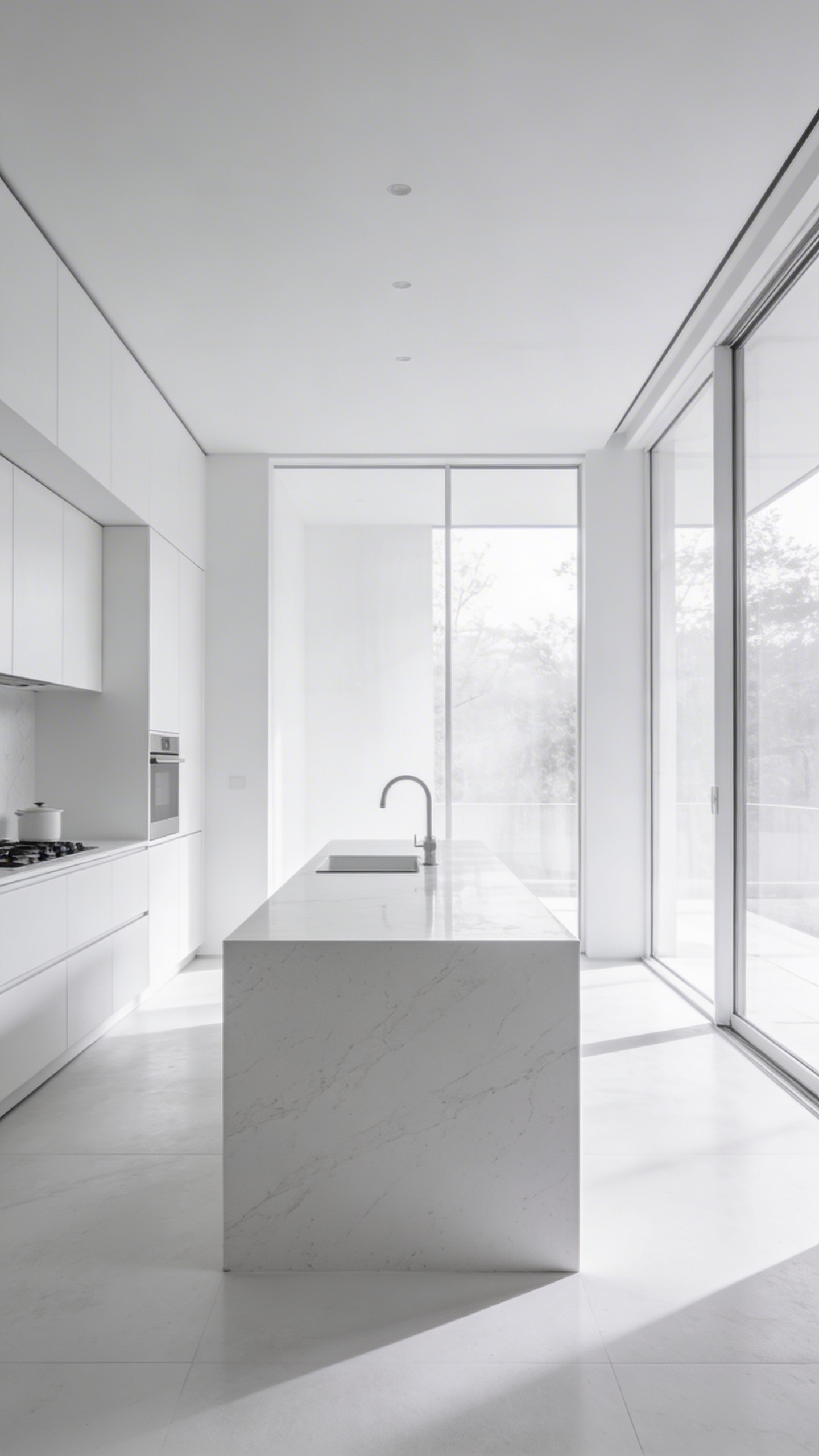 A serene all-white kitchen design featuring minimalist cabinetry and soft natural lighting to create a calming monochromatic space.