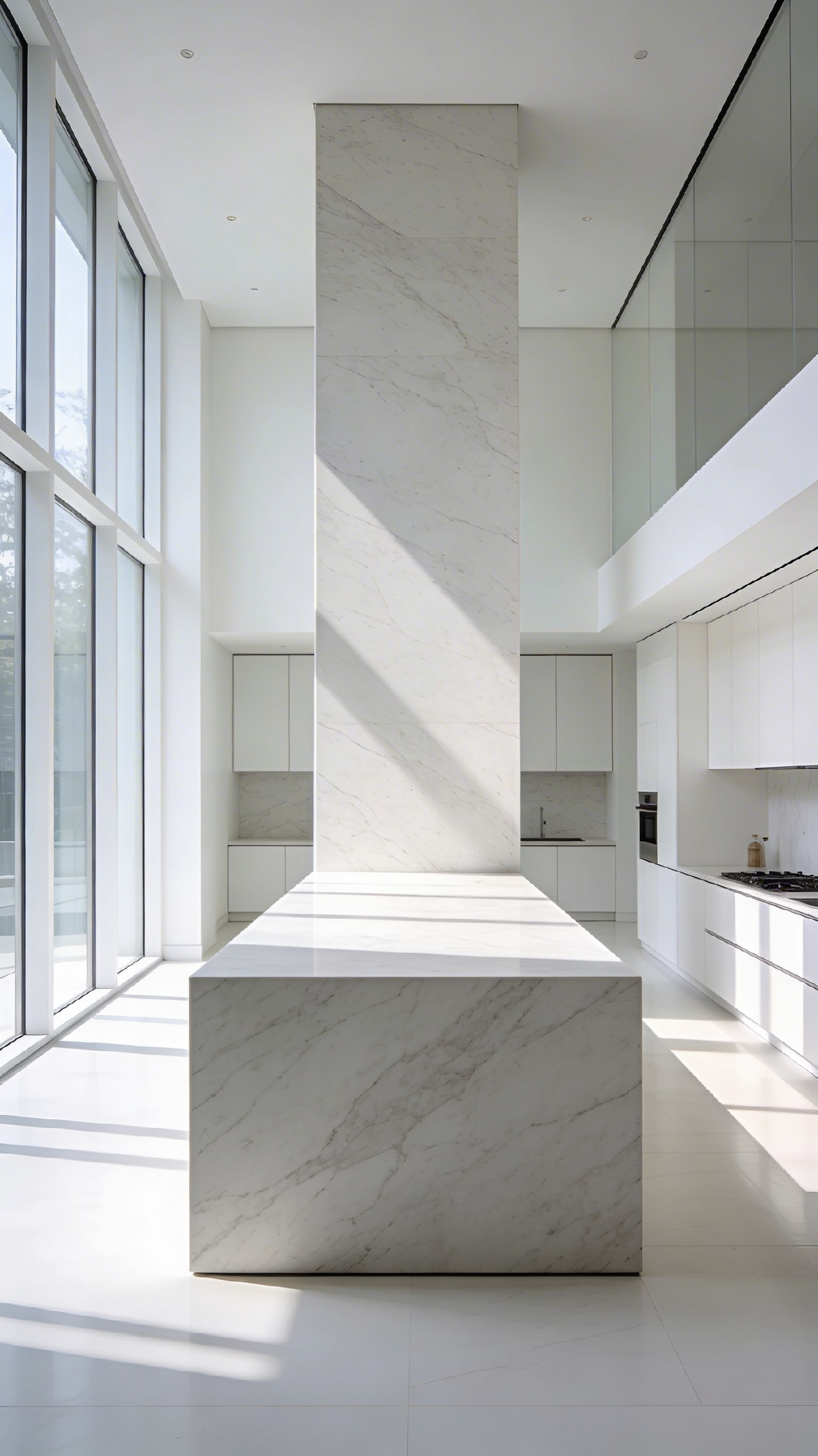 A modern minimalist white kitchen featuring a large monolithic marble island with no clutter and bright natural lighting.