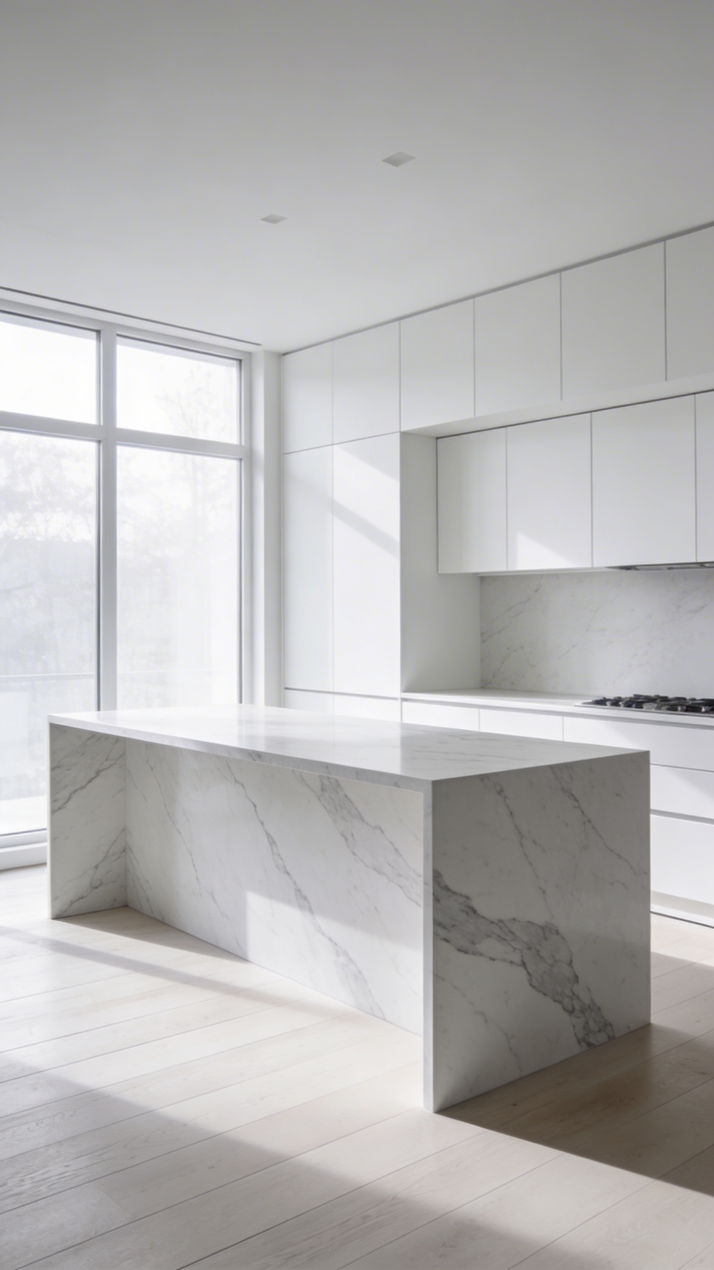 A bright and airy minimalist white kitchen with marble surfaces and large windows reflecting a mindful design philosophy.