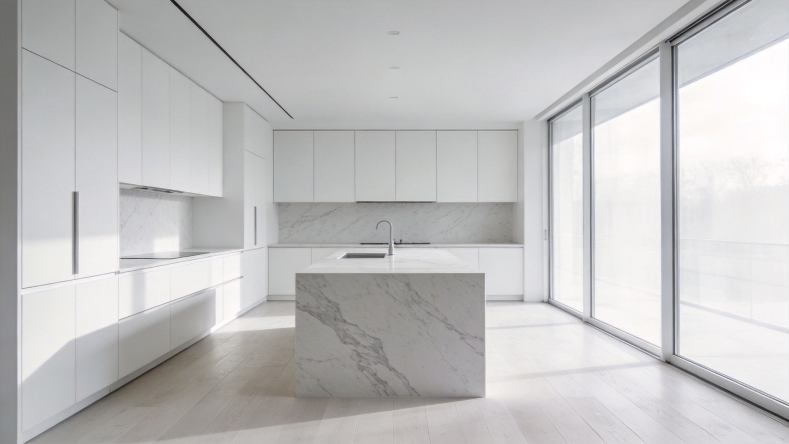 A bright and airy minimalist white kitchen with marble surfaces and large windows reflecting a mindful design philosophy.
