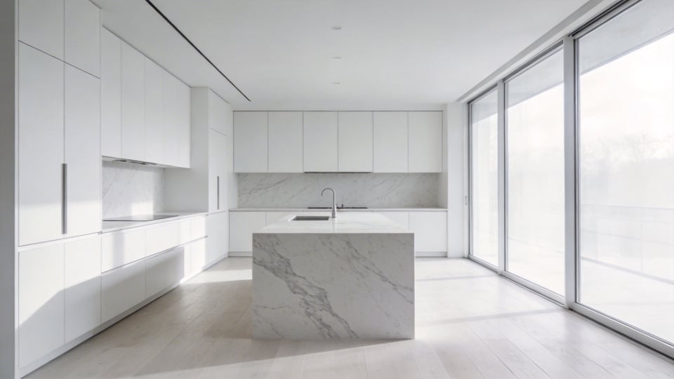 A bright and airy minimalist white kitchen with marble surfaces and large windows reflecting a mindful design philosophy.