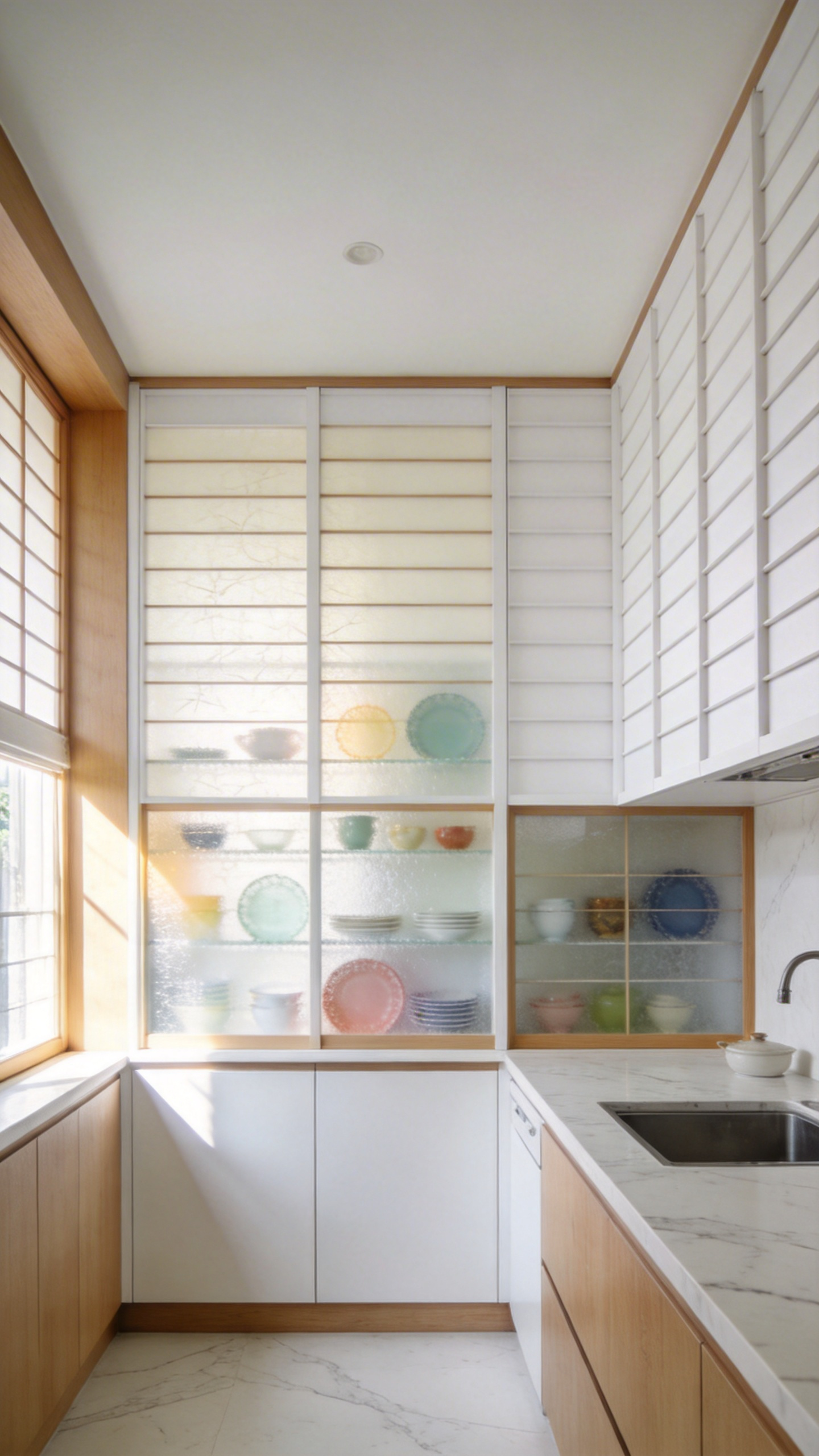 A modern white kitchen with Shoji-inspired frosted glass cabinets and white-slatted fronts showcasing a minimalist Japanese aesthetic.