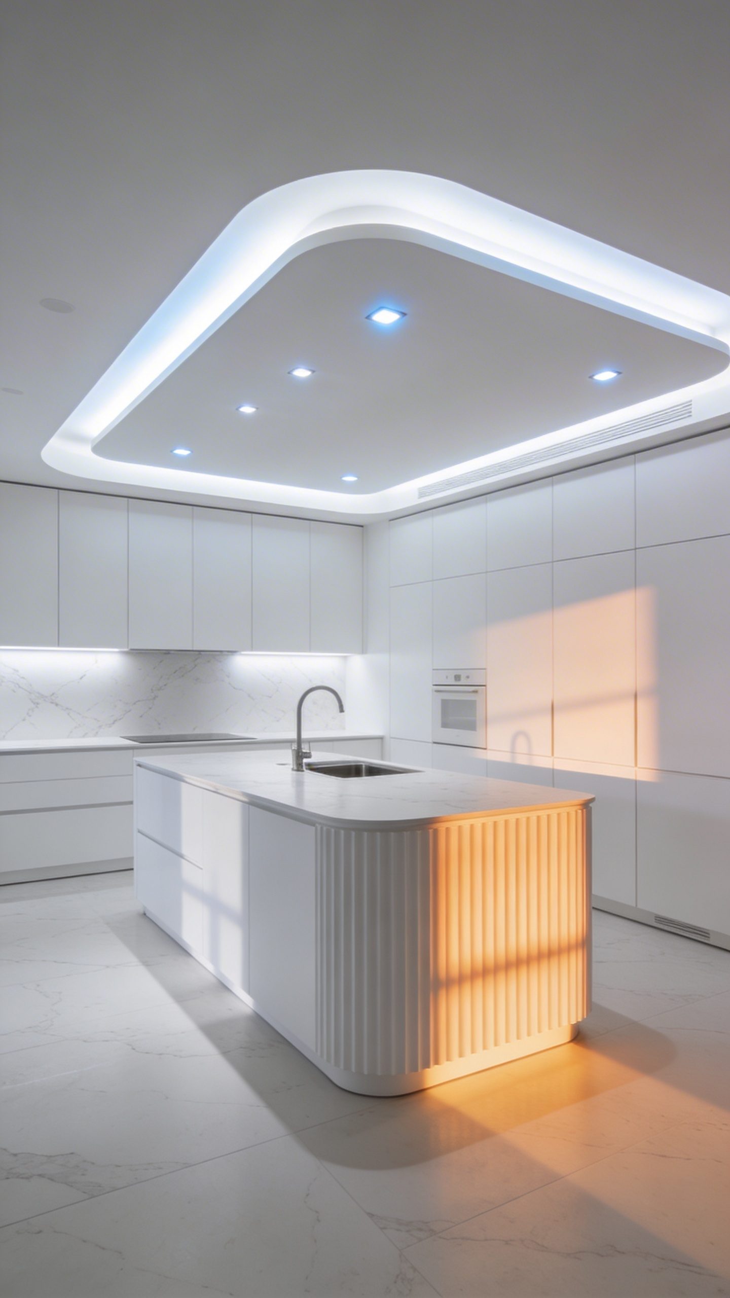 A modern all-white kitchen utilizing smart tunable LED lighting to create architectural shadows and depth on monochromatic surfaces.