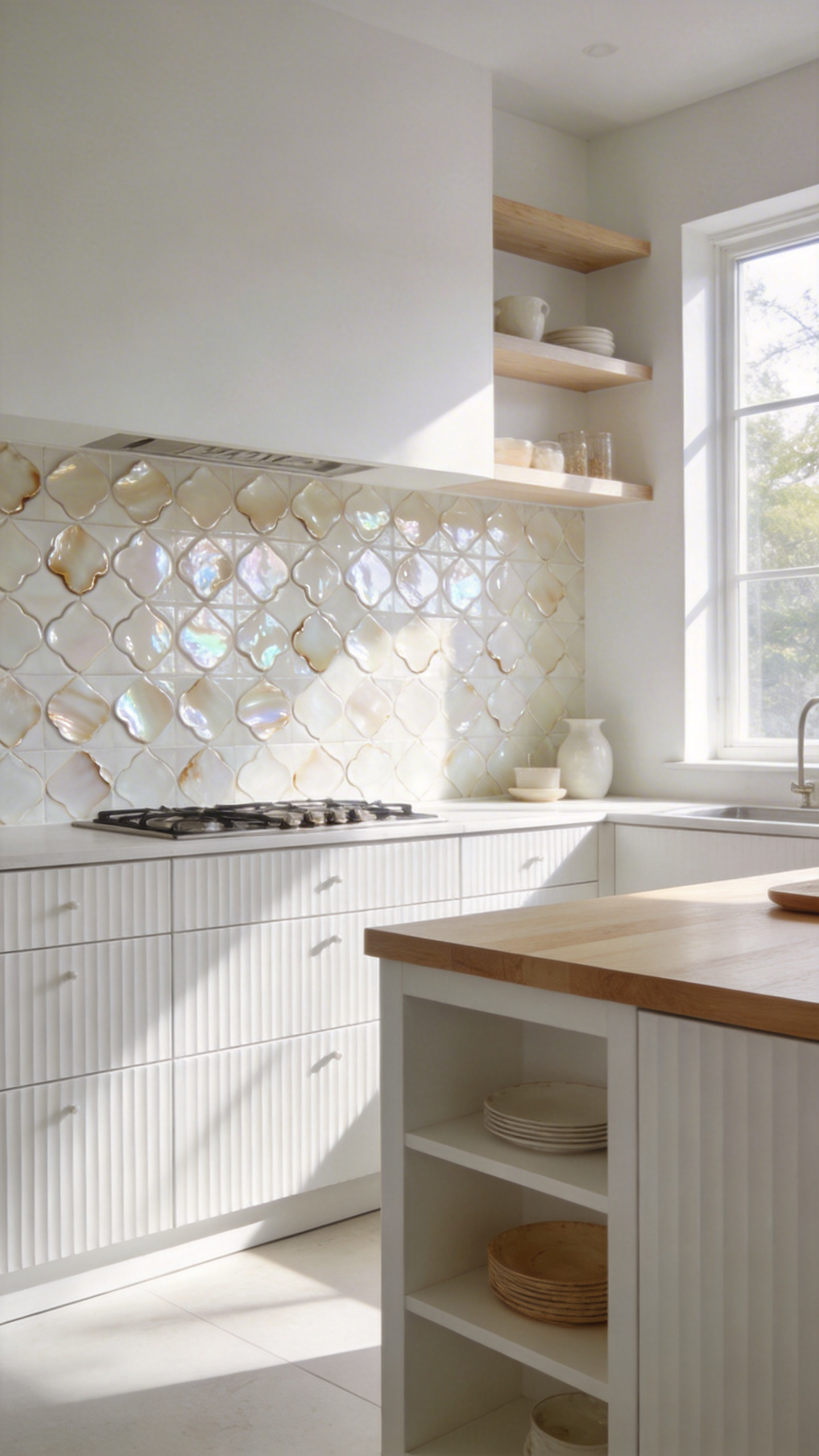A bright white kitchen featuring iridescent Zellige tile walls and fluted cabinetry in a wabi-sabi inspired design.