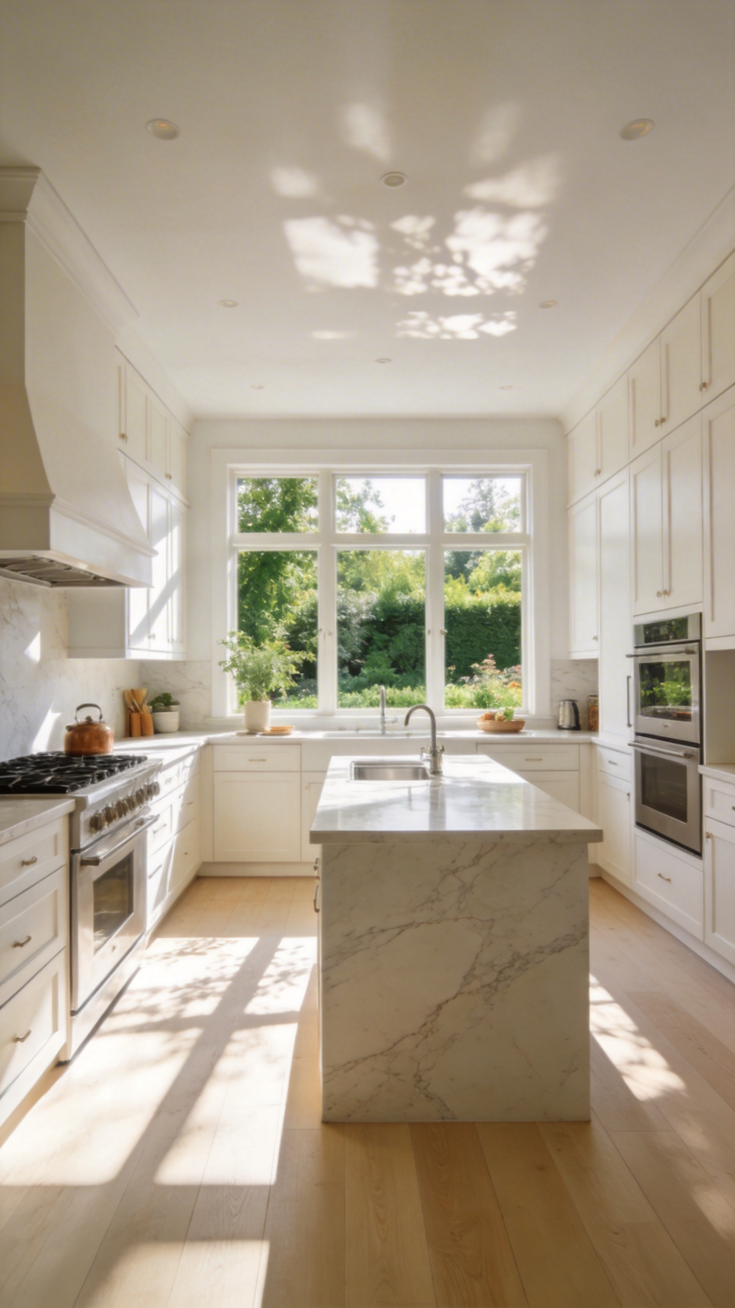 A bright white dream kitchen with warm undertones and natural light reflecting off marble surfaces and oak floors.