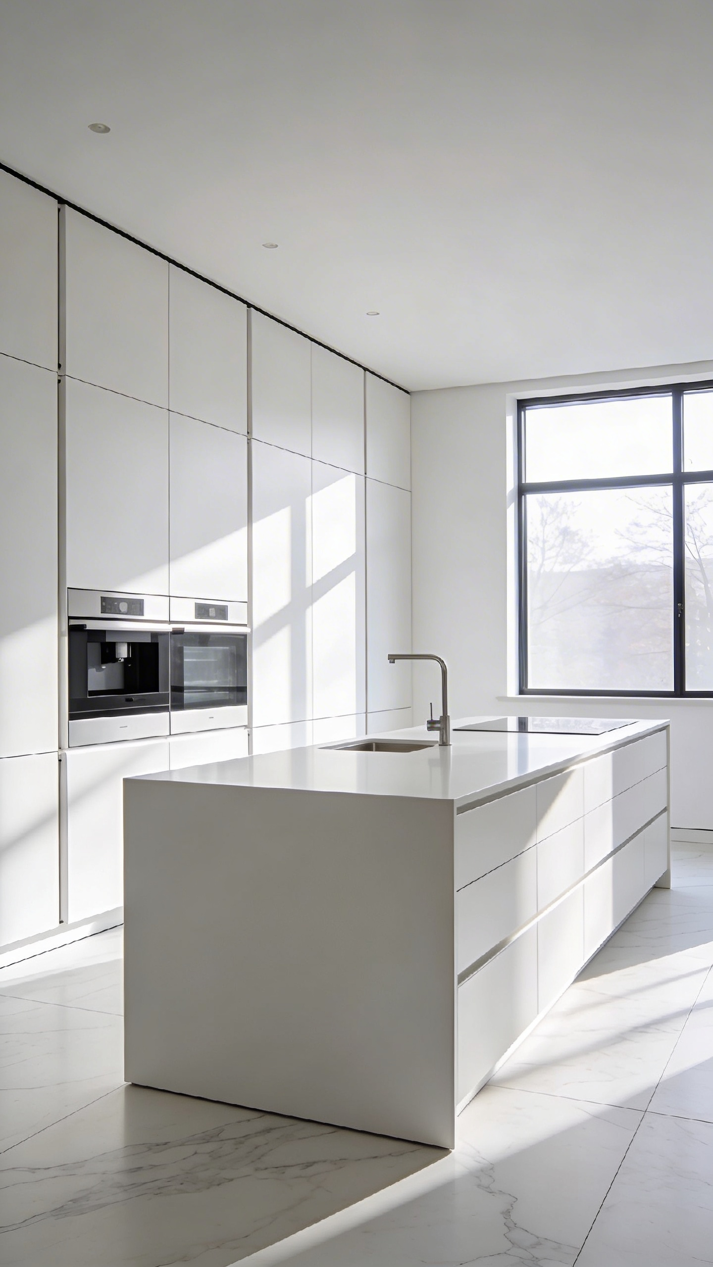 A minimalist white kitchen with seamless integrated appliances and flush cabinetry panels creating a serene and mindful living space.