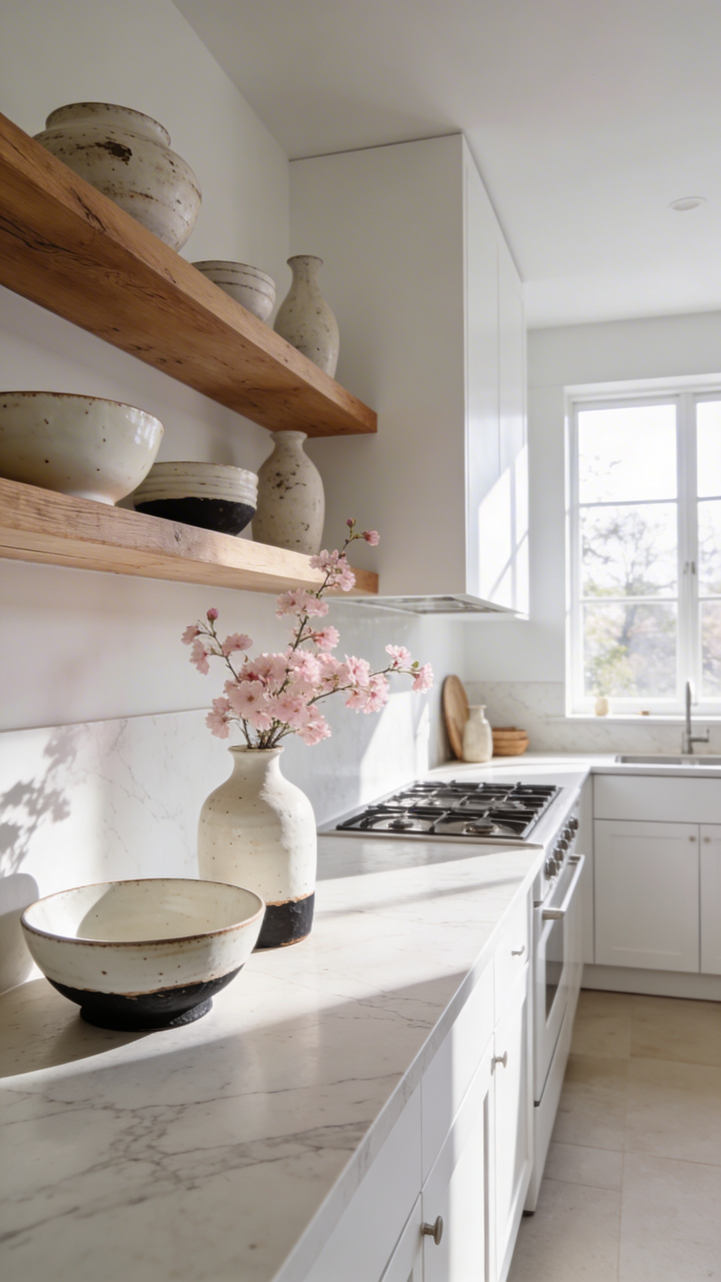 Hand-thrown white Wabi-Sabi ceramics with organic textures displayed on wooden shelves in a bright white kitchen.
