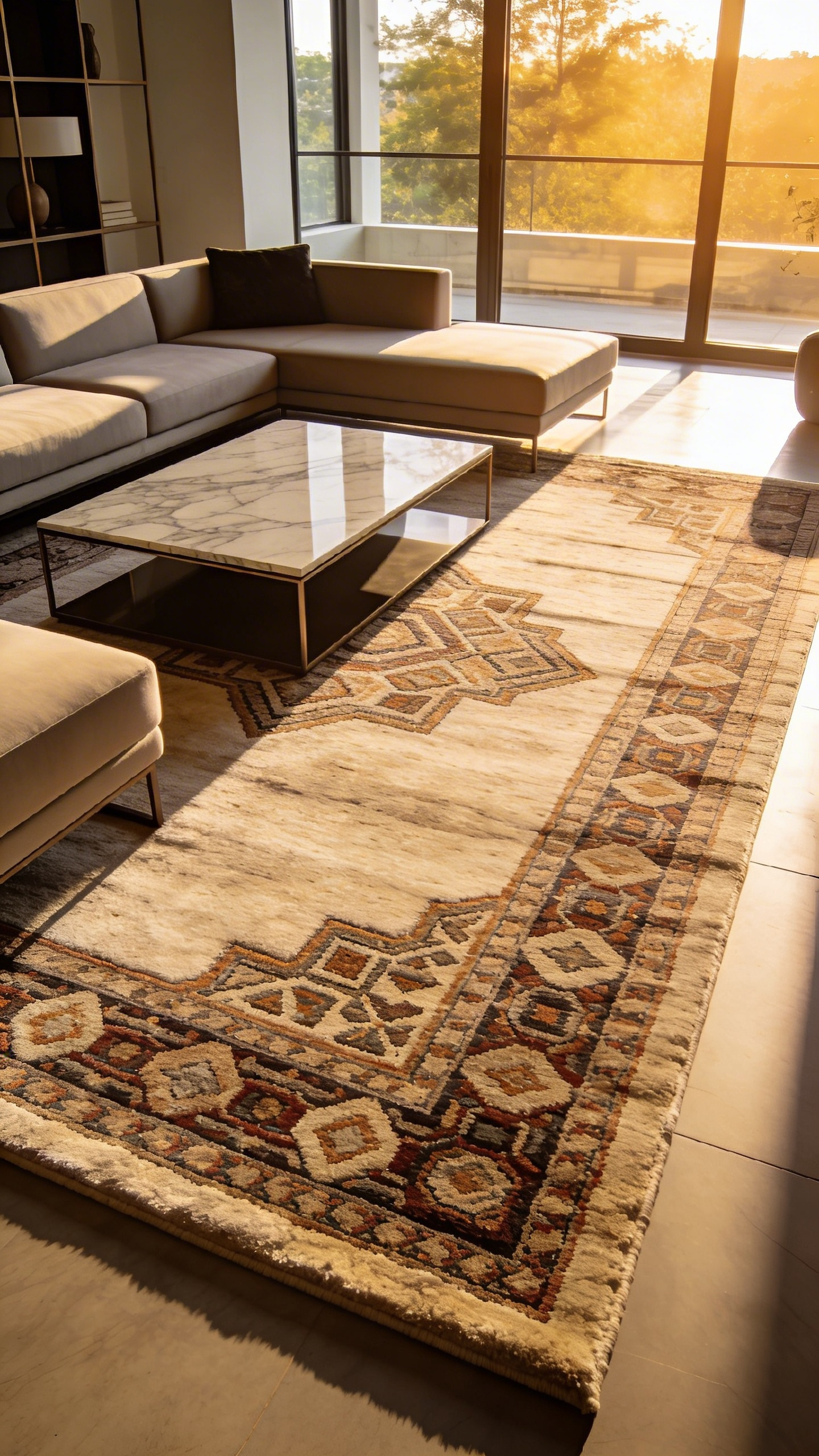 A luxury living room featuring a dense, low-pile geometric rug and modern furniture in bright natural sunlight.
