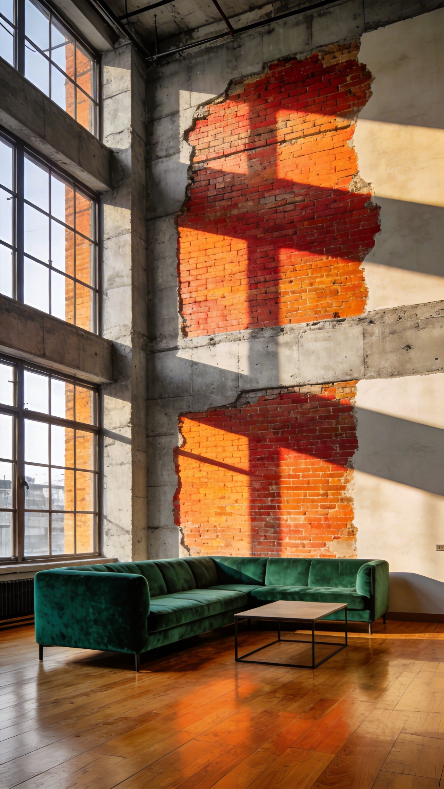 A modern living room scene featuring a full-length wall of exposed red brick and raw concrete textures under bright natural light.