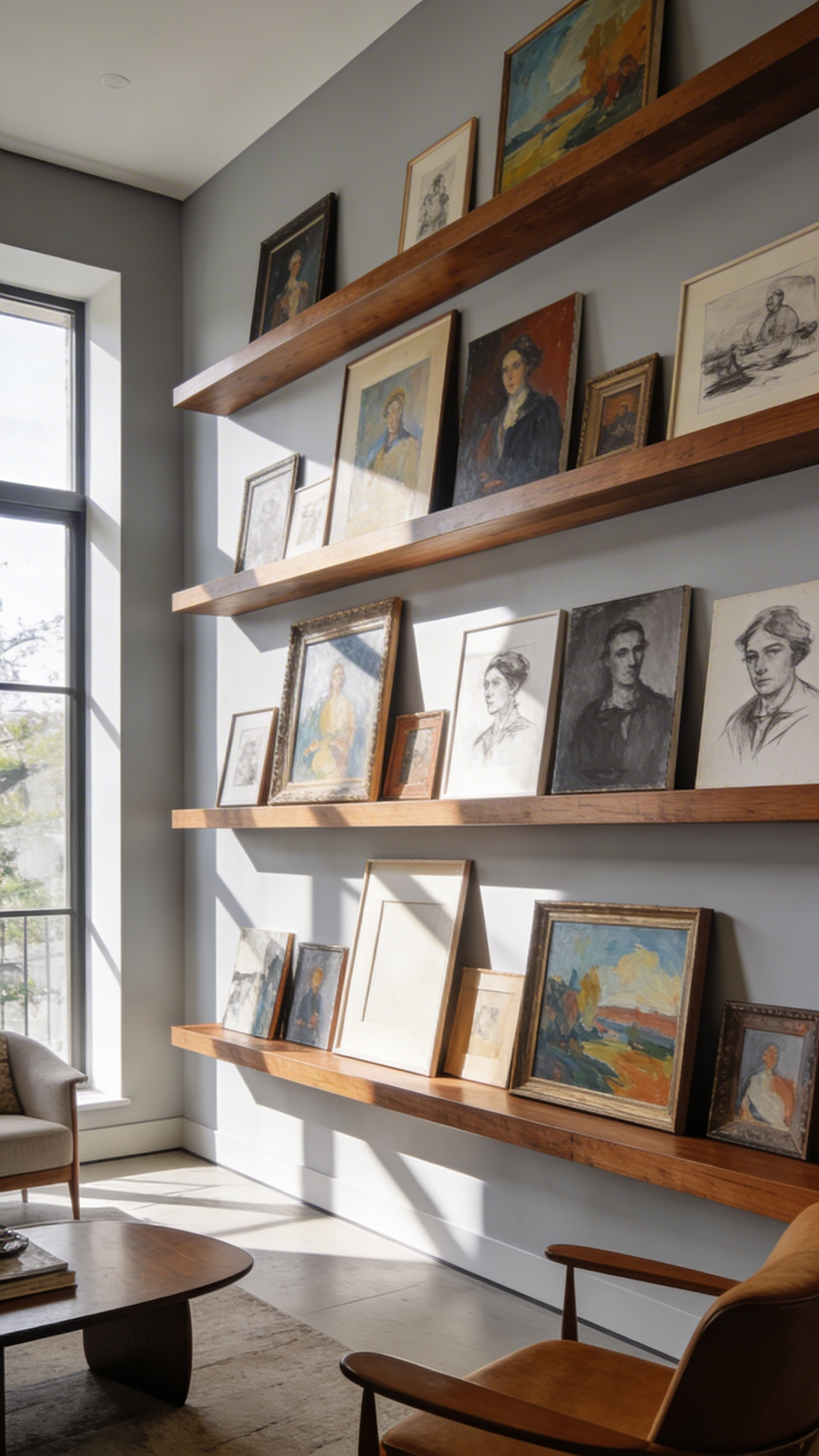 A contemporary living room wall decorated with multiple floating wooden studio ledges displaying a curated collection of framed art and canvases in a gallery style.