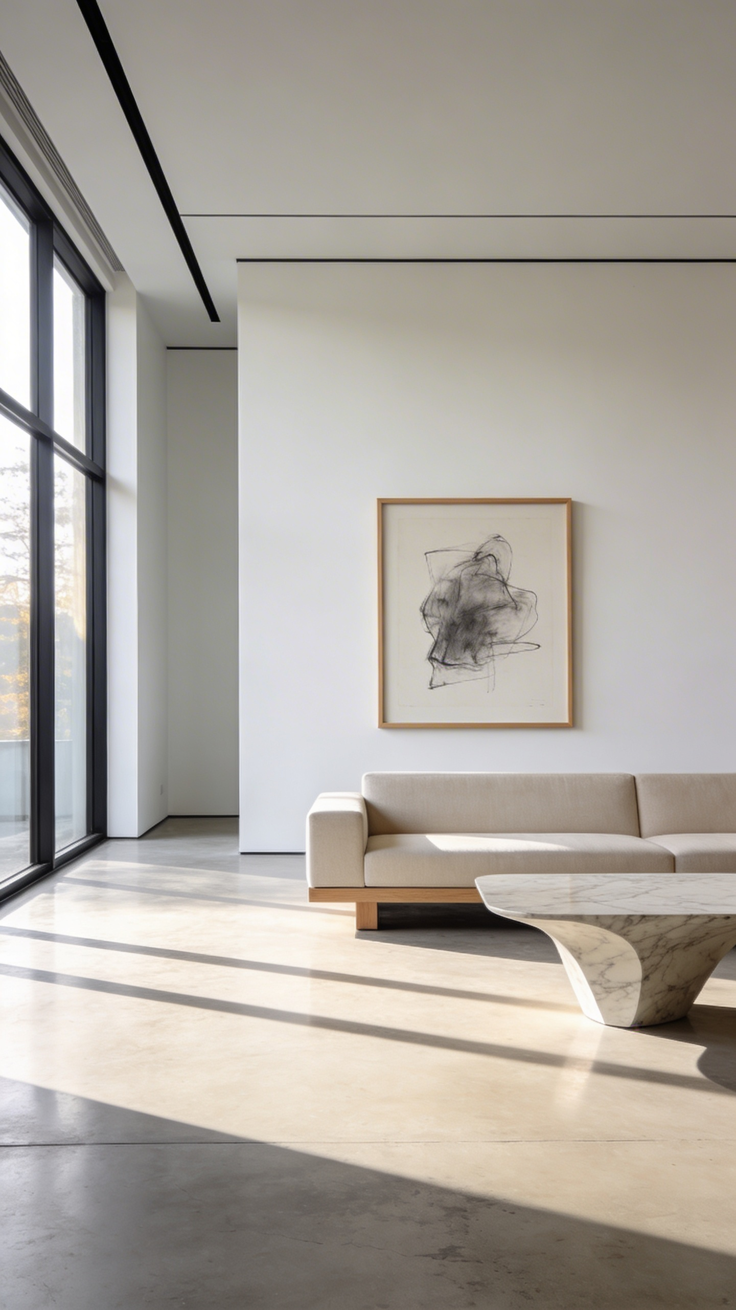 A minimalist living room featuring a large empty white wall and a single piece of framed art to demonstrate intentional negative space and design balance.