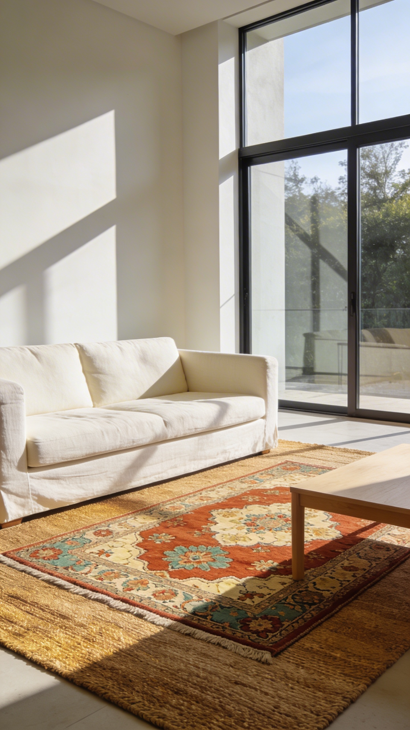 A layered rug setup in a sunlit living room featuring a large natural jute rug underneath a colorful antique Oushak vintage rug.