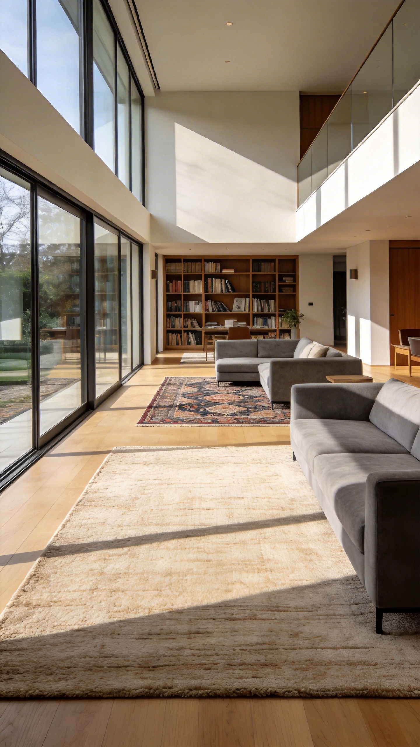 A bright, modern open-plan living room showing two different rugs used to separate a main seating area from a secondary functional zone.