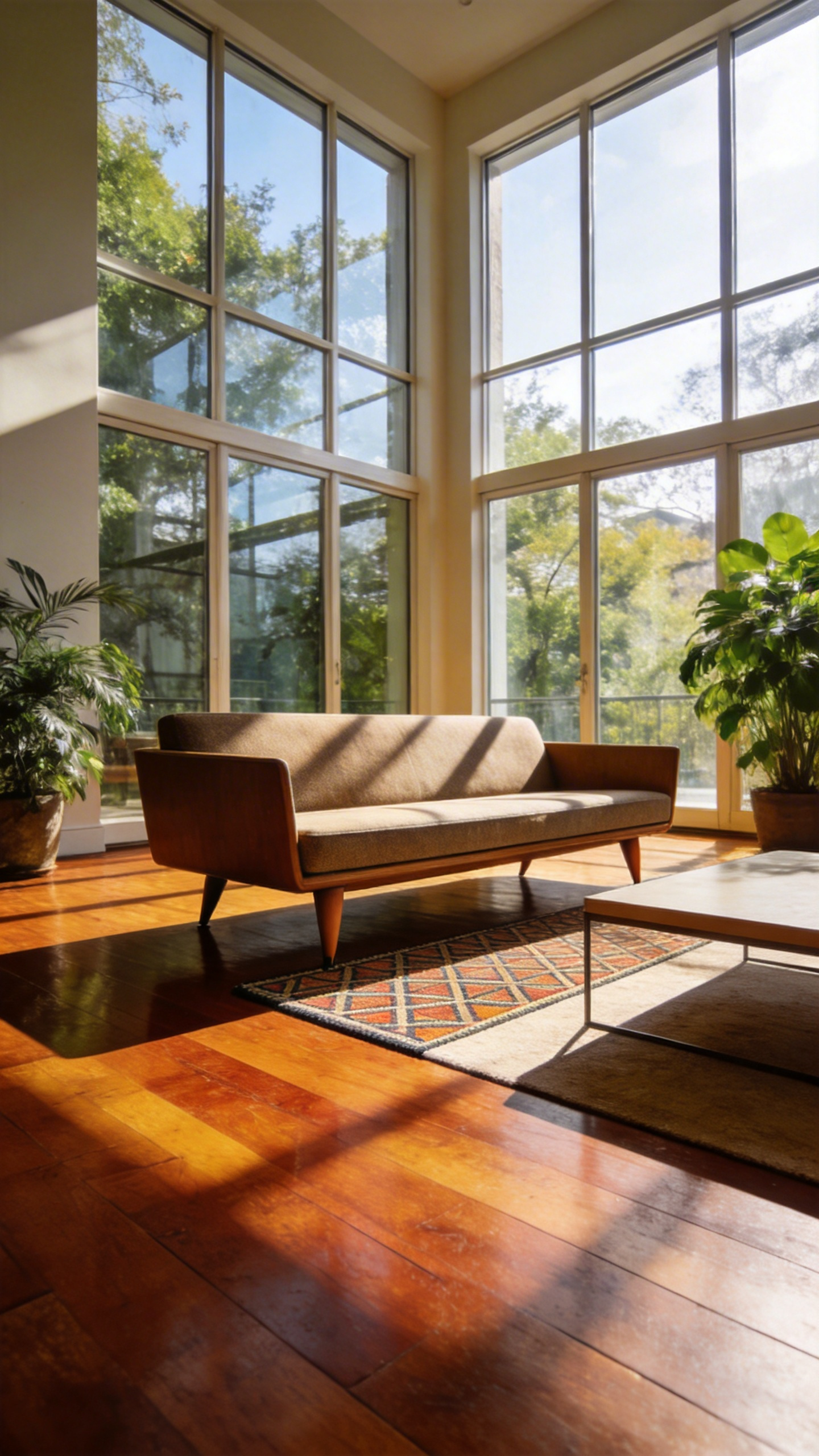 A bright living room with a modern sofa using the front-leg rug placement rule on a small patterned carpet.