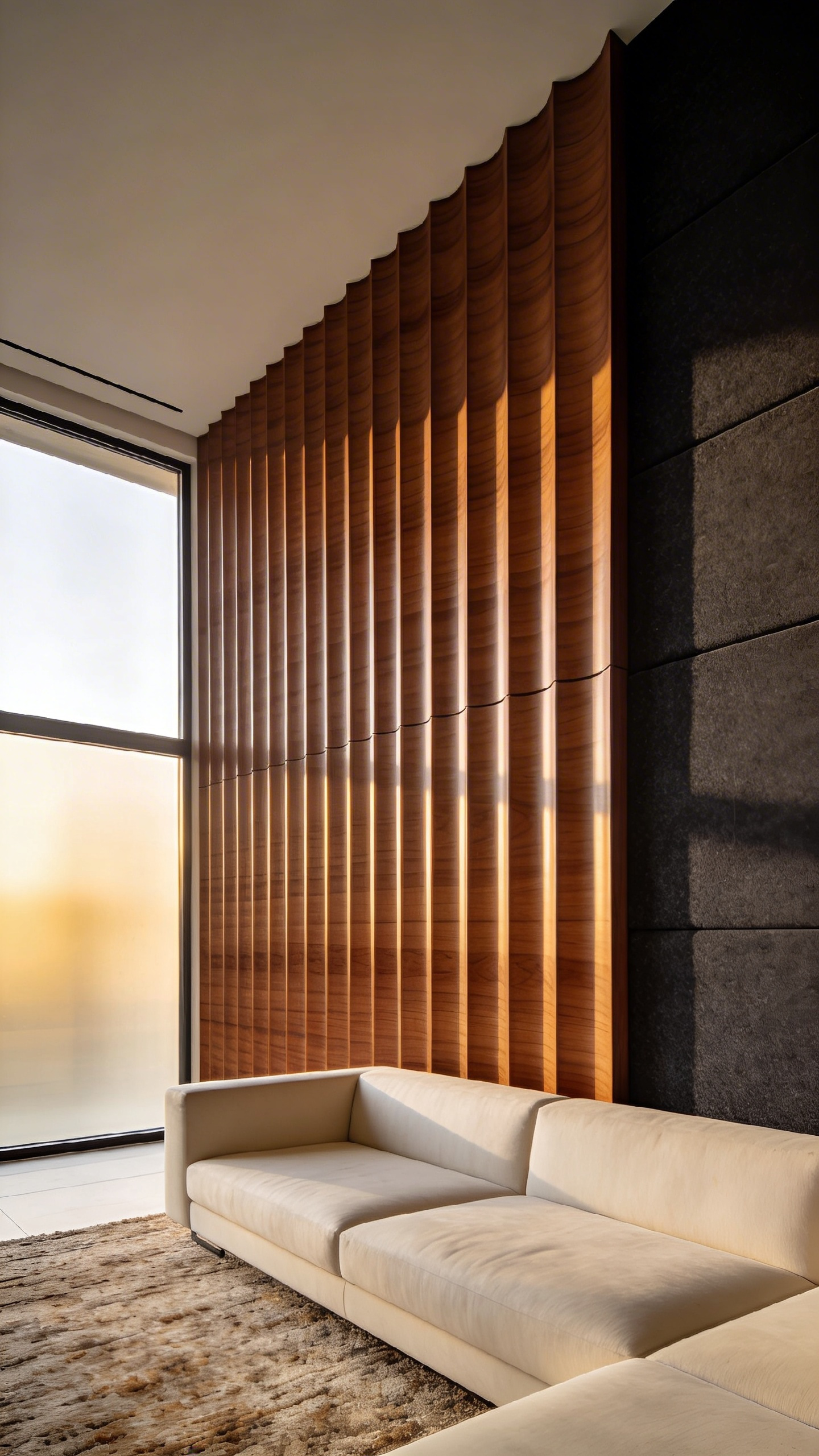 A spacious modern living room featuring a full wall of fluted acoustic wood paneling with vertical slats and elegant minimalist furniture.