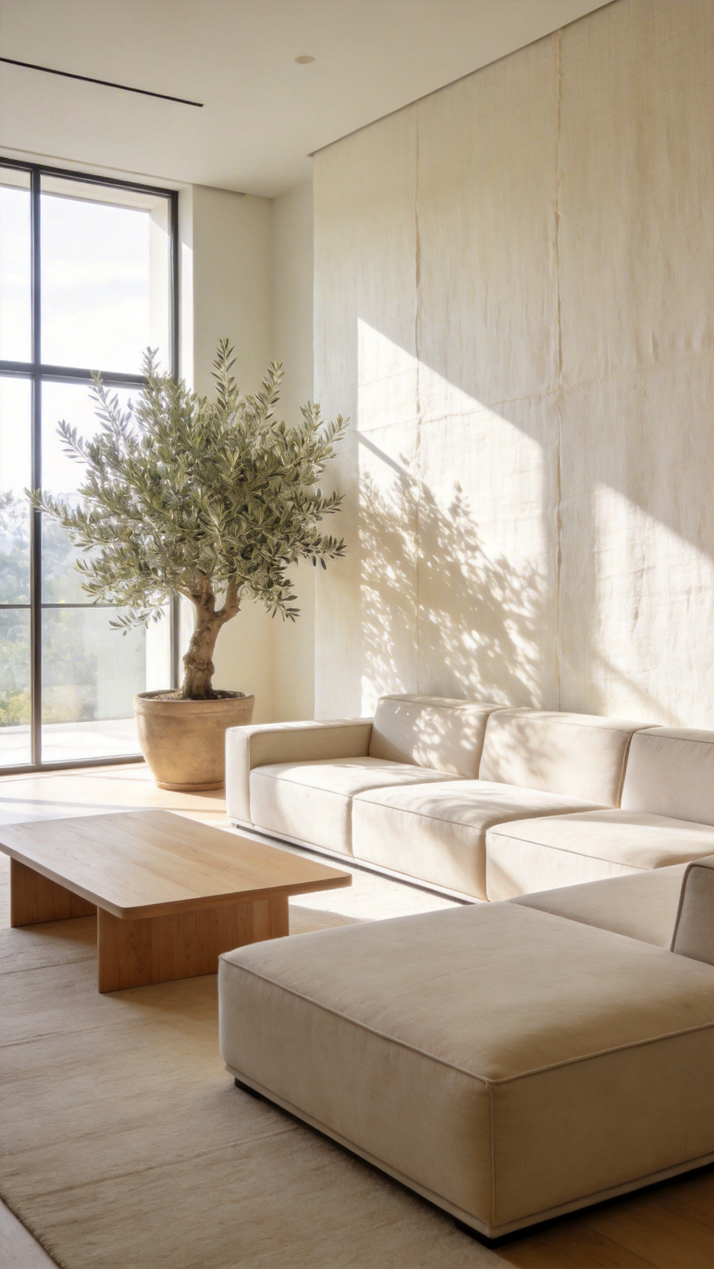 A spacious modern living room with textured linen wall coverings that diffuse natural sunlight to create a soft interior glow.