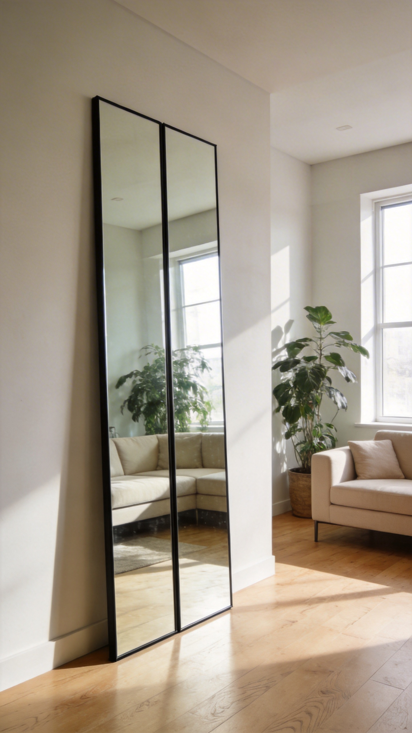 A massive monumental floor mirror leaning against a living room wall to reflect light and increase visual space.