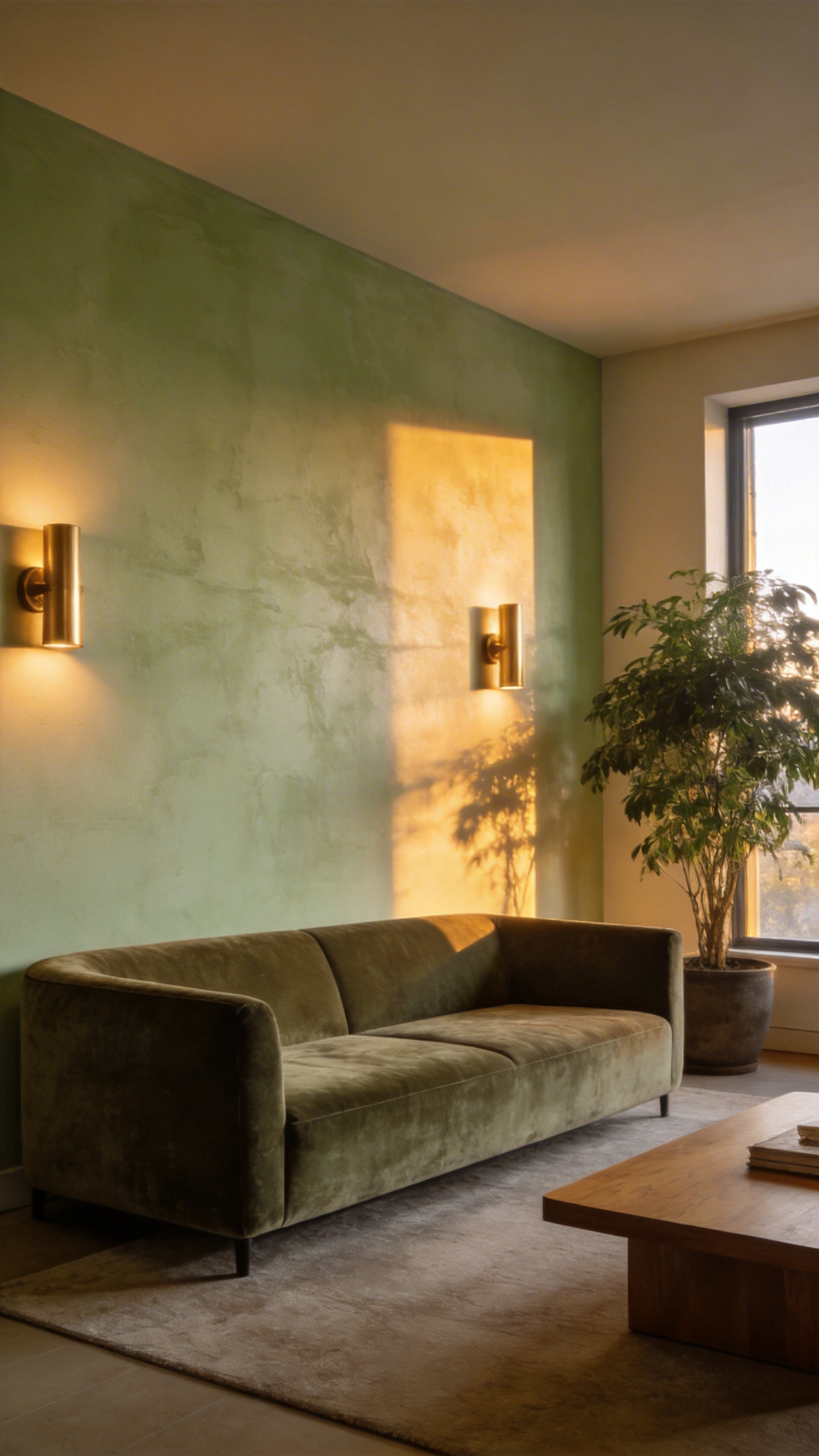 A wide shot of a modern living room with warm light from wall sconces washing over a textured limewash wall.