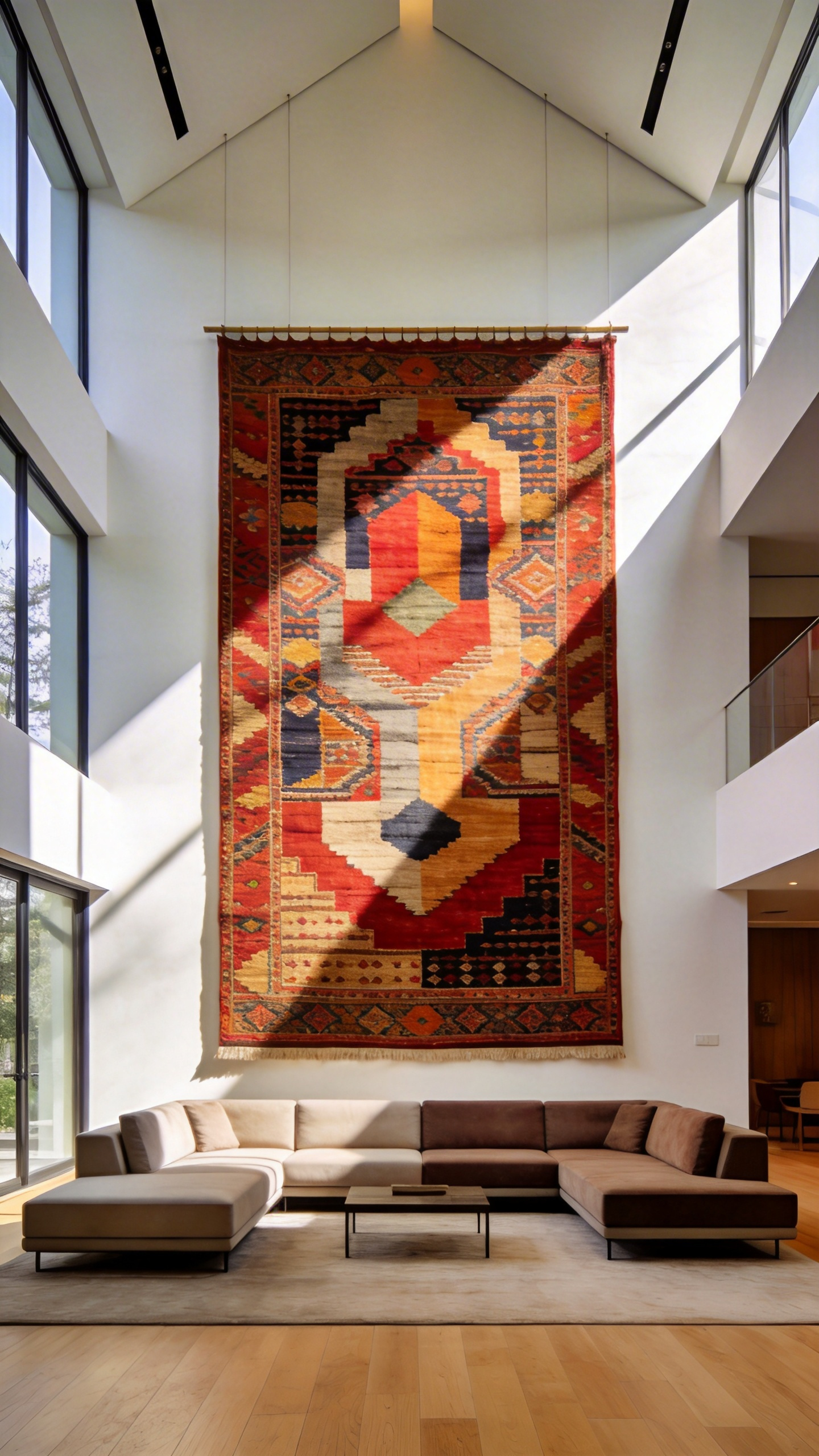 A massive modern textile art piece hanging on a tall living room wall in a bright contemporary home.