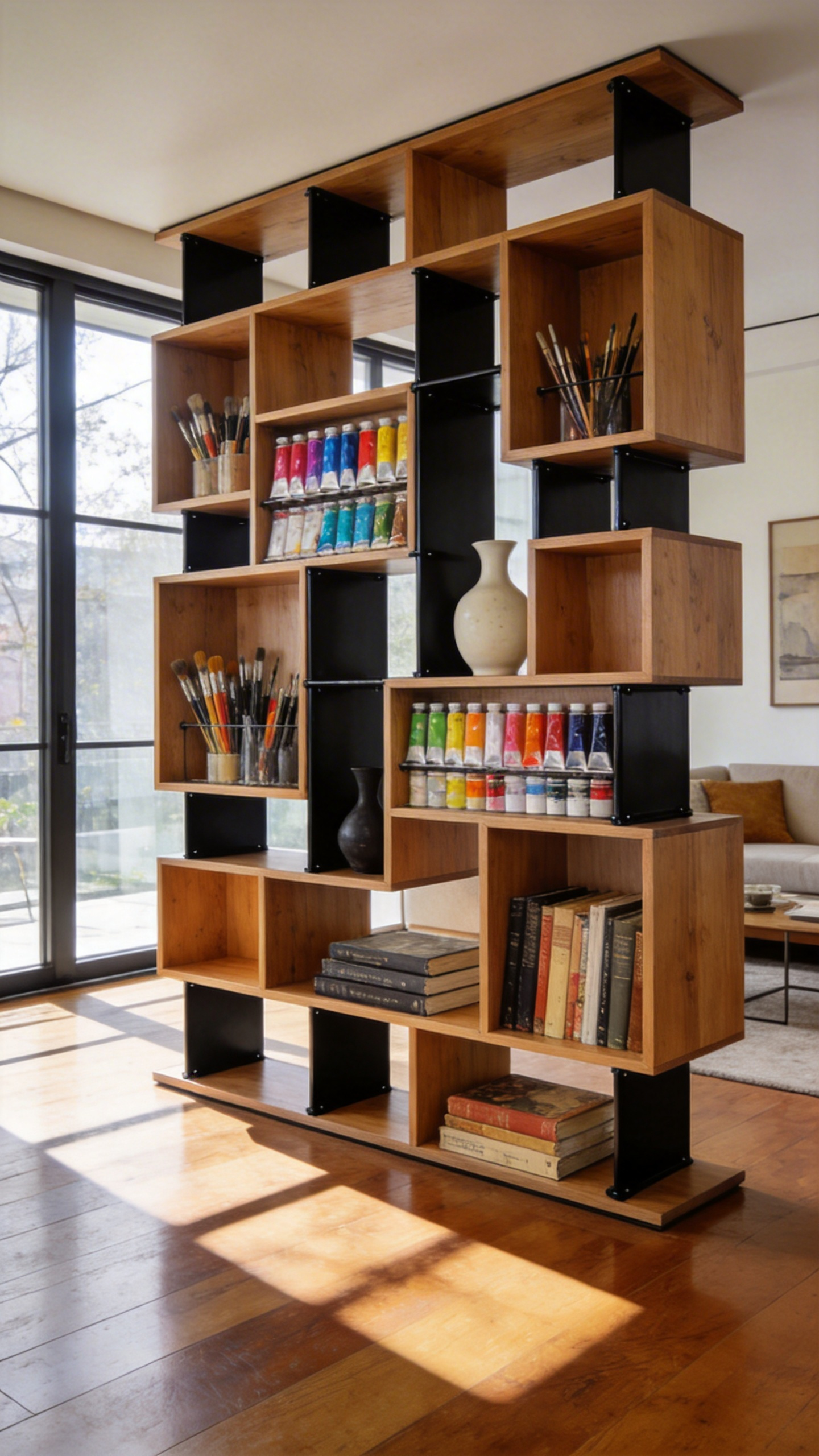 A floor-to-ceiling modular vertical cubby system in a modern living room filled with art supplies and sculptural artifacts.
