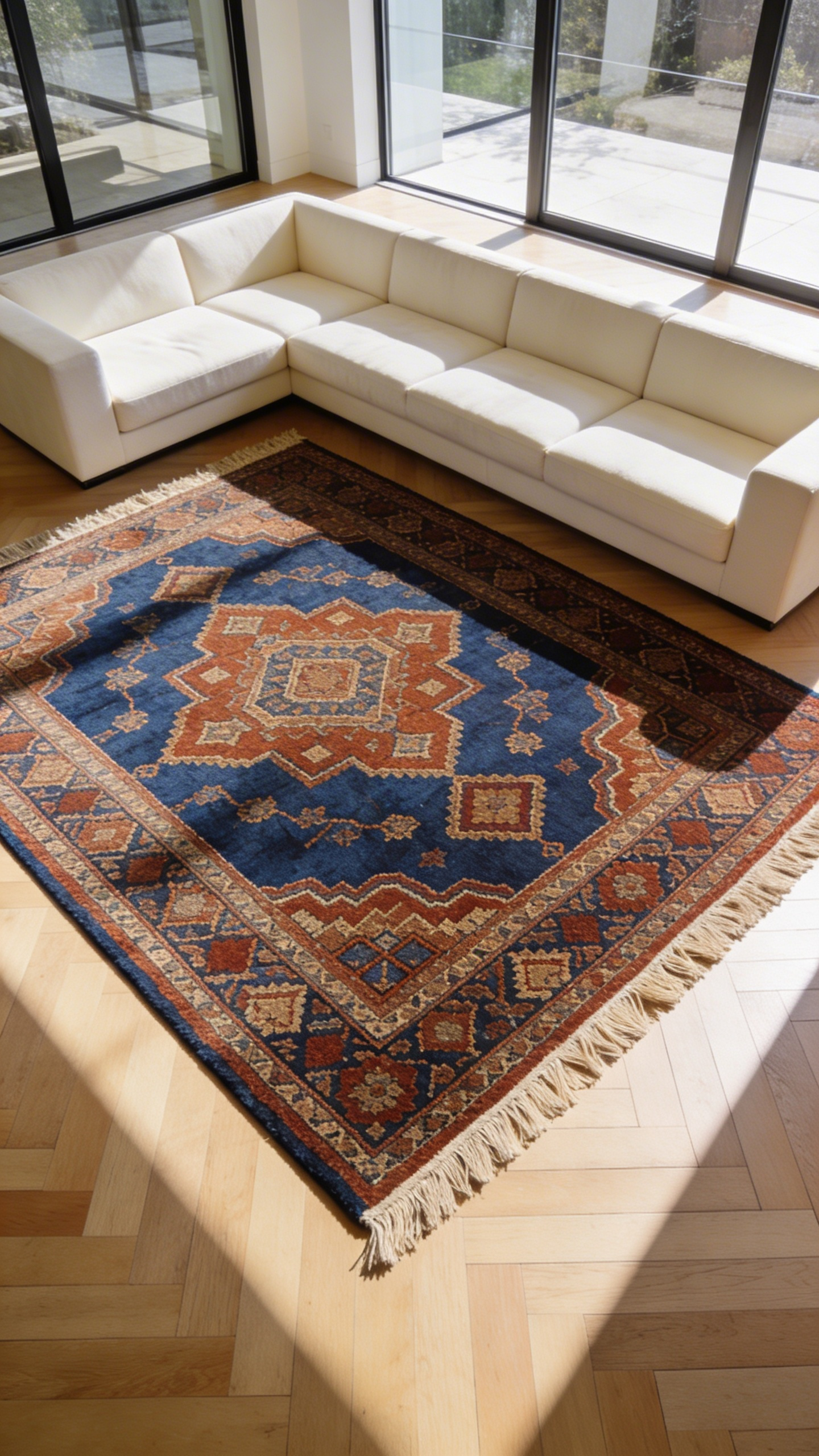 A spacious modern living room featuring a vibrant hand-knotted rug with authentic integrated fringes on a light wood floor.