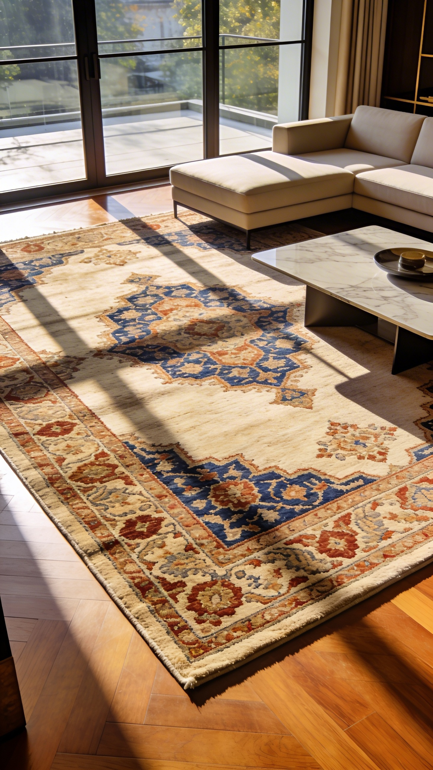 A bright and airy luxury living room featuring a large, hand-knotted heirloom rug with deep red and blue vegetable-dyed patterns.