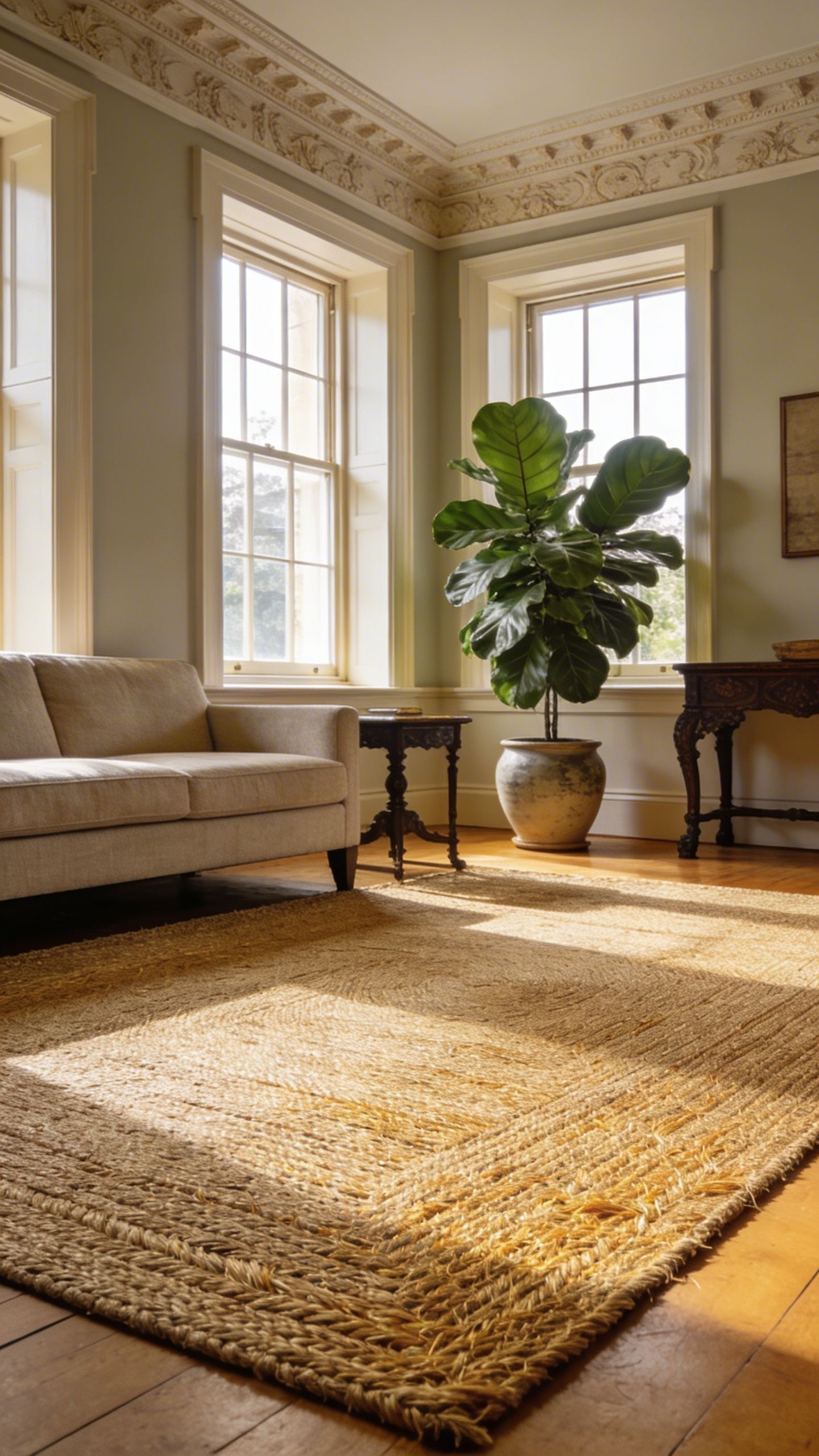 A formal living room with a large textured jute rug on a dark wood floor under natural sunlight.