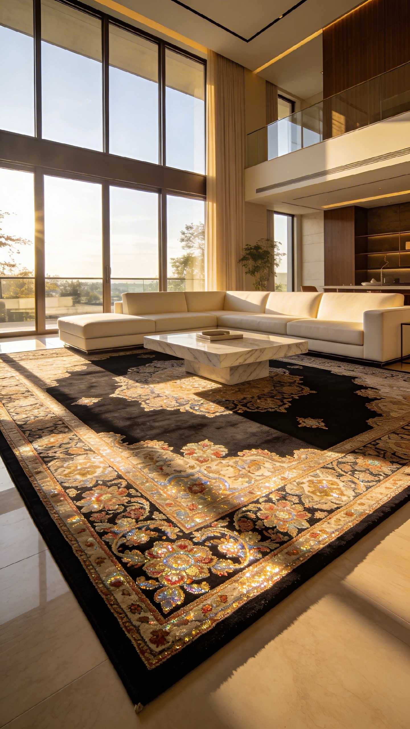 A modern living room featuring a luxurious silk and wool rug with shimmering floral patterns and a matte wool base.
