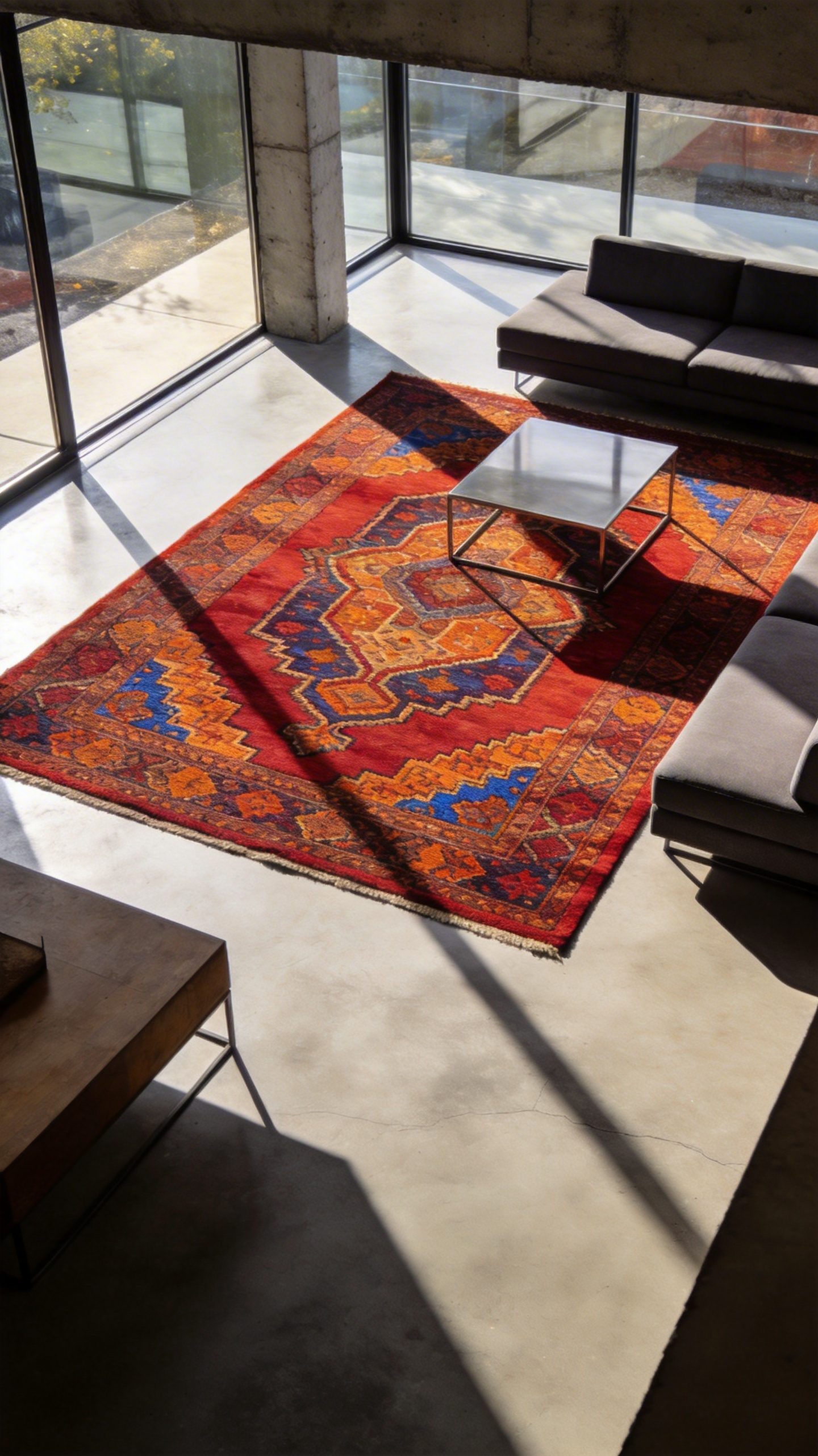 A minimalist living room featuring industrial glass walls and a vibrant patterned South Asian rug on a polished concrete floor.