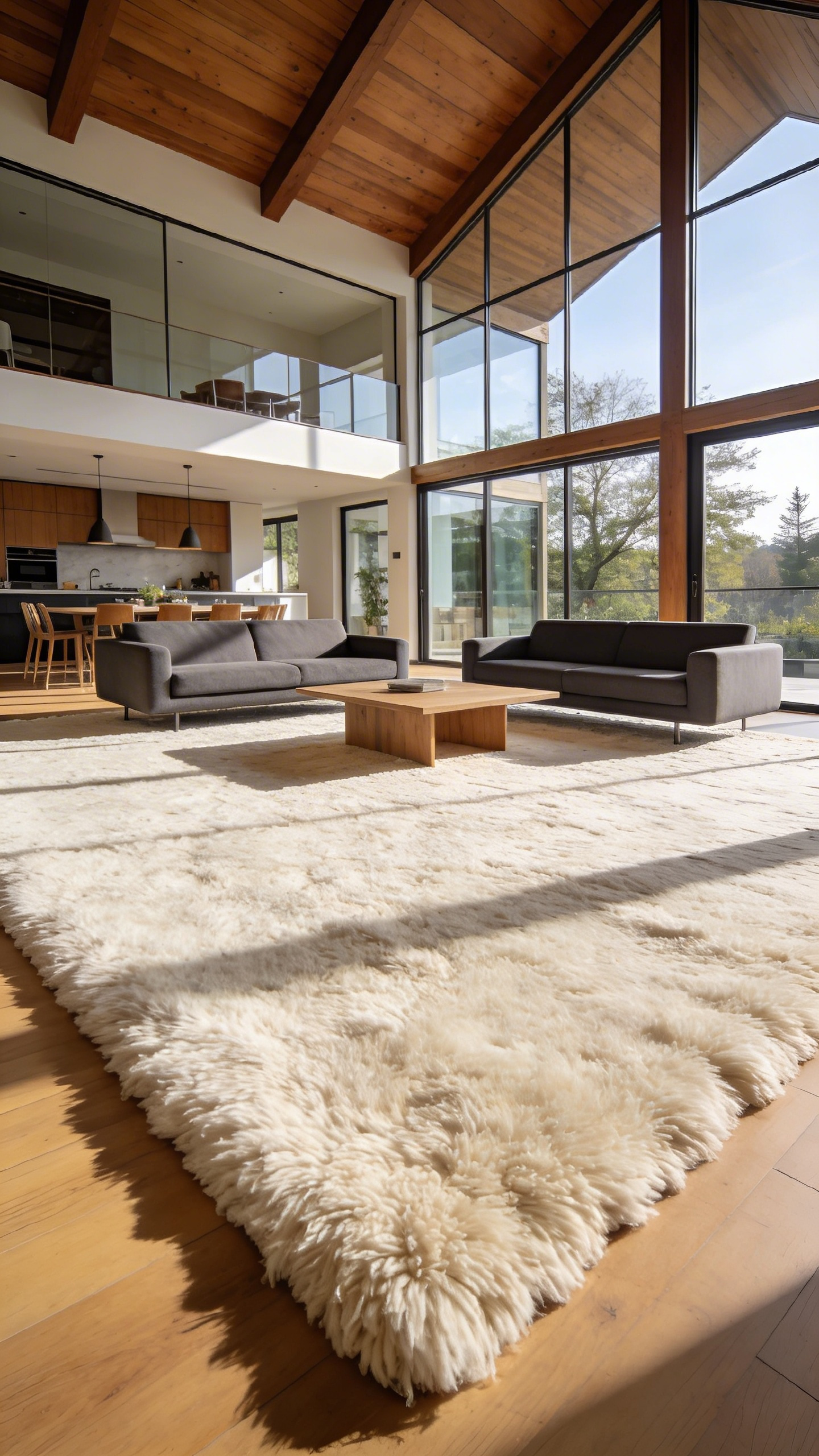 A large plush wool rug anchoring a modern furniture arrangement in a spacious open-concept living room with high ceilings.