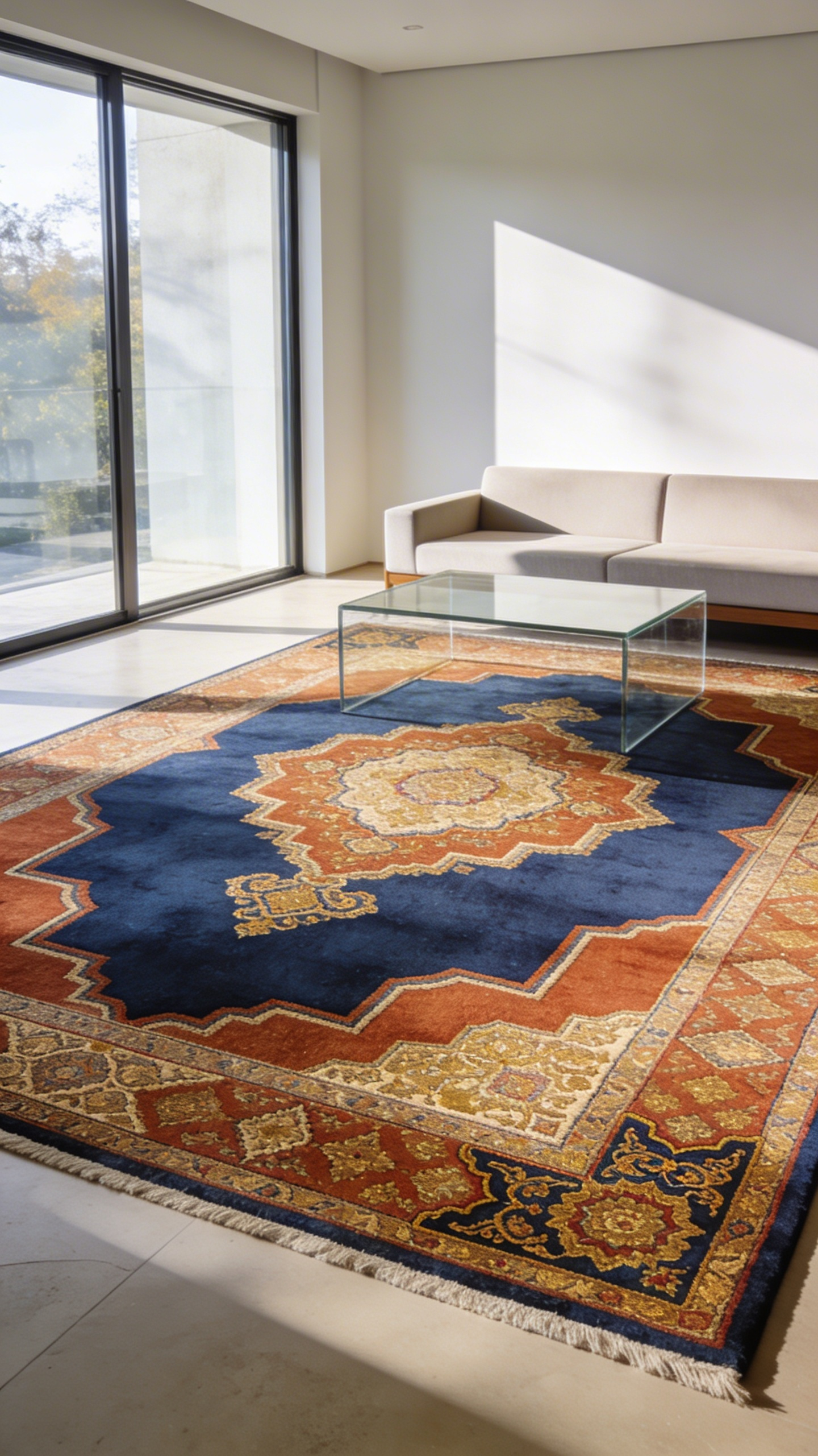 A modern living room featuring a large Persian rug with a central medallion and geometric motifs under soft natural lighting.