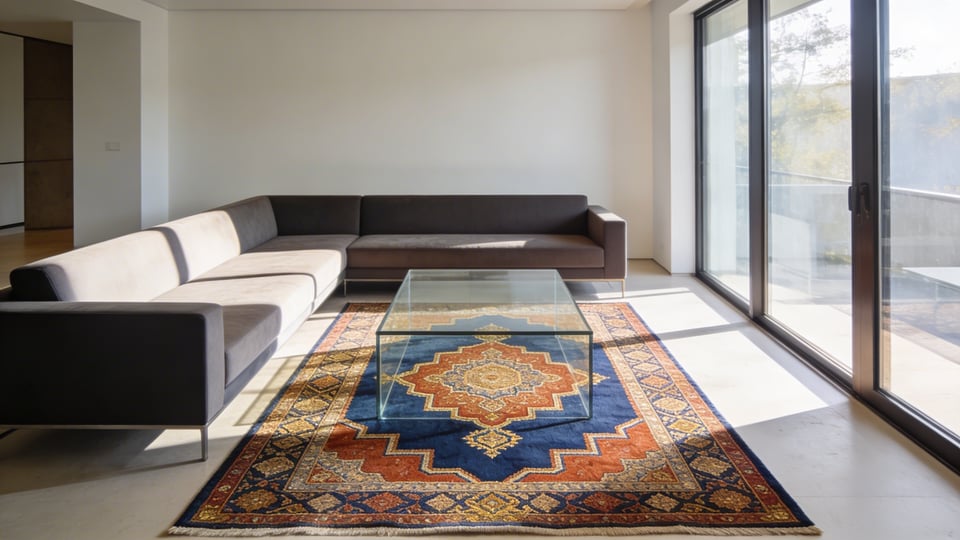 A modern living room featuring a large Persian rug with a central medallion and geometric motifs under soft natural lighting.