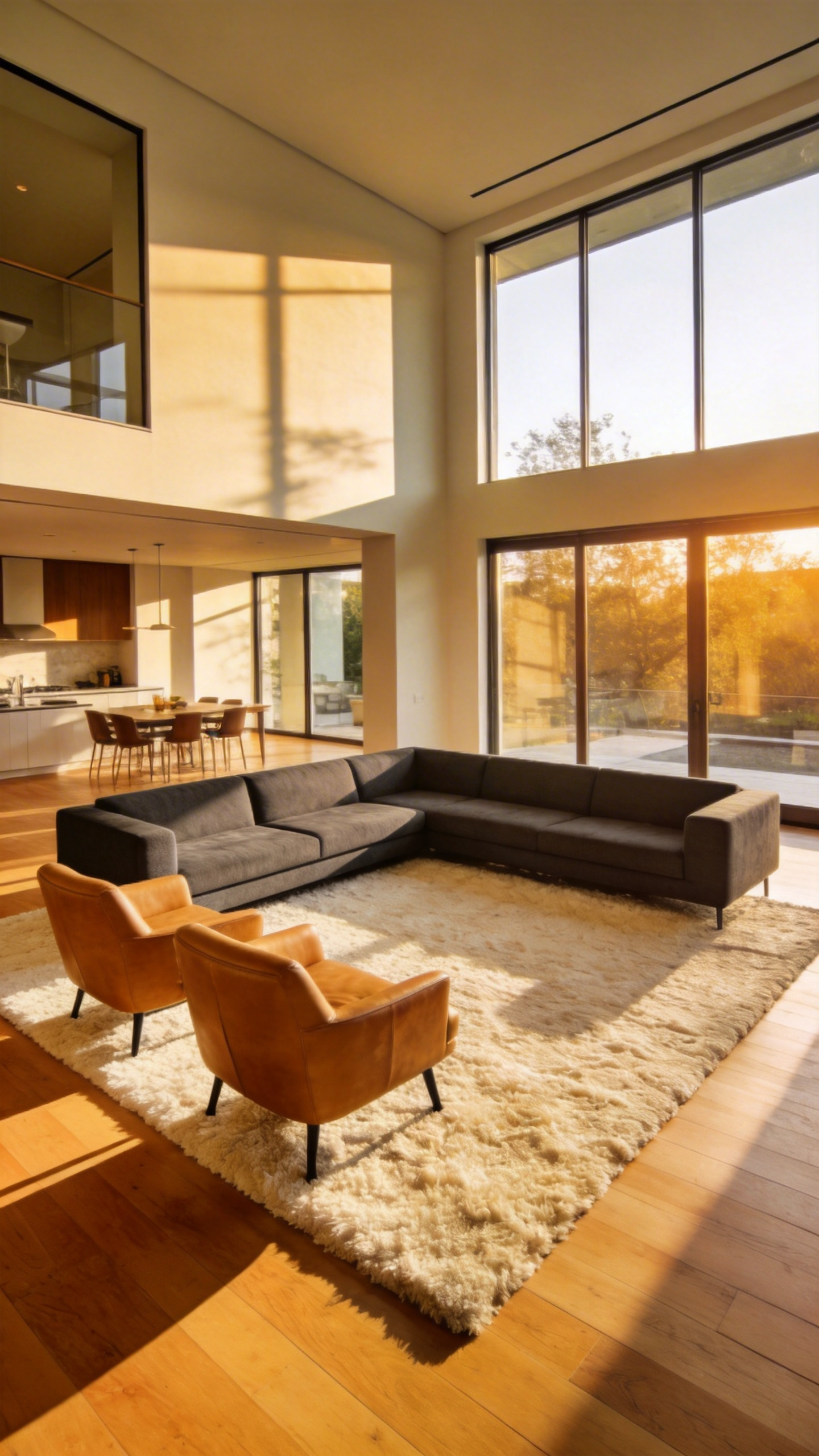 A large cream living room rug anchoring a floating furniture arrangement with a gray sofa and leather chairs in a bright open-concept home.