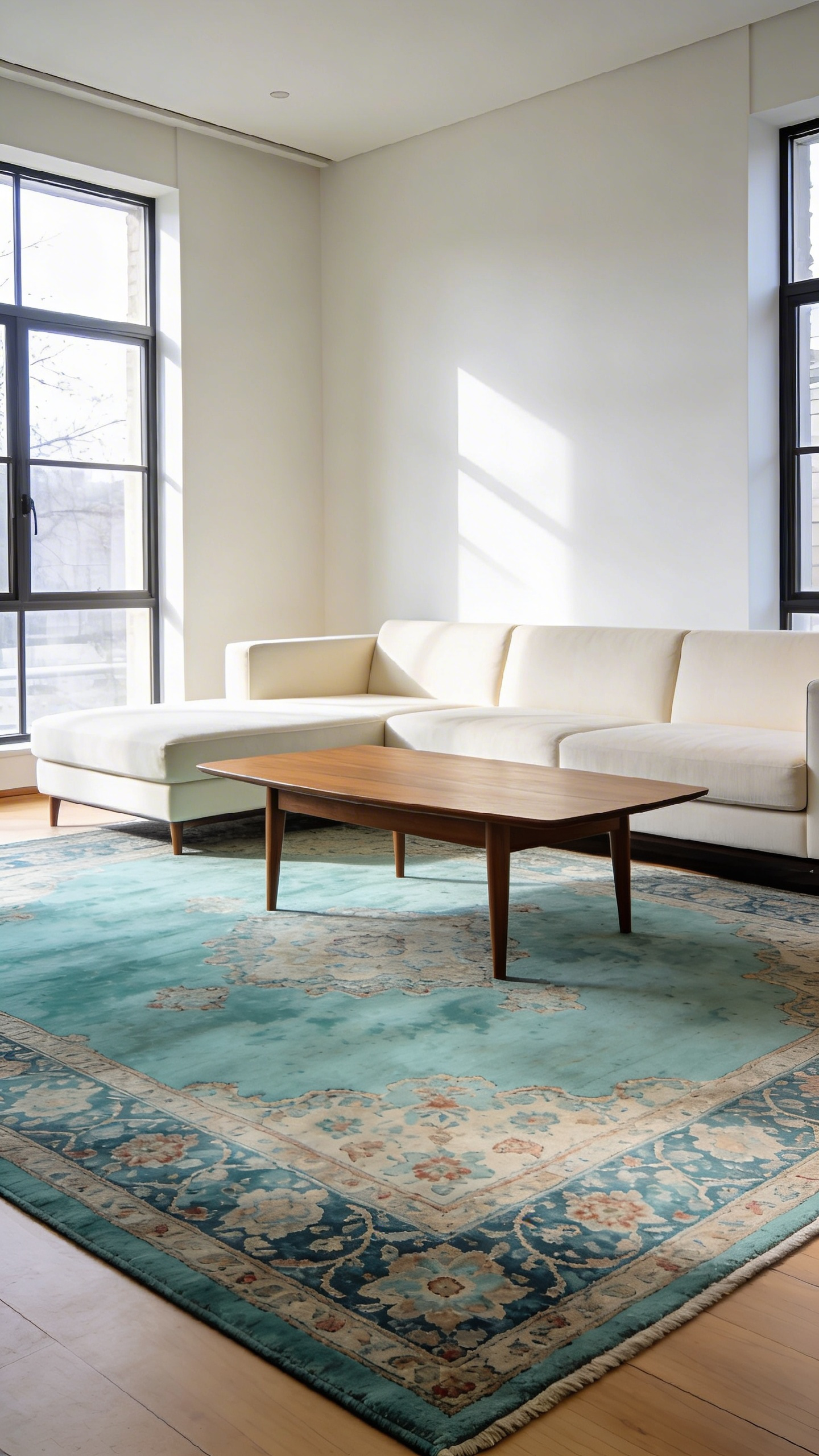 A large teal overdyed rug with traditional patterns in a bright minimalist living room.