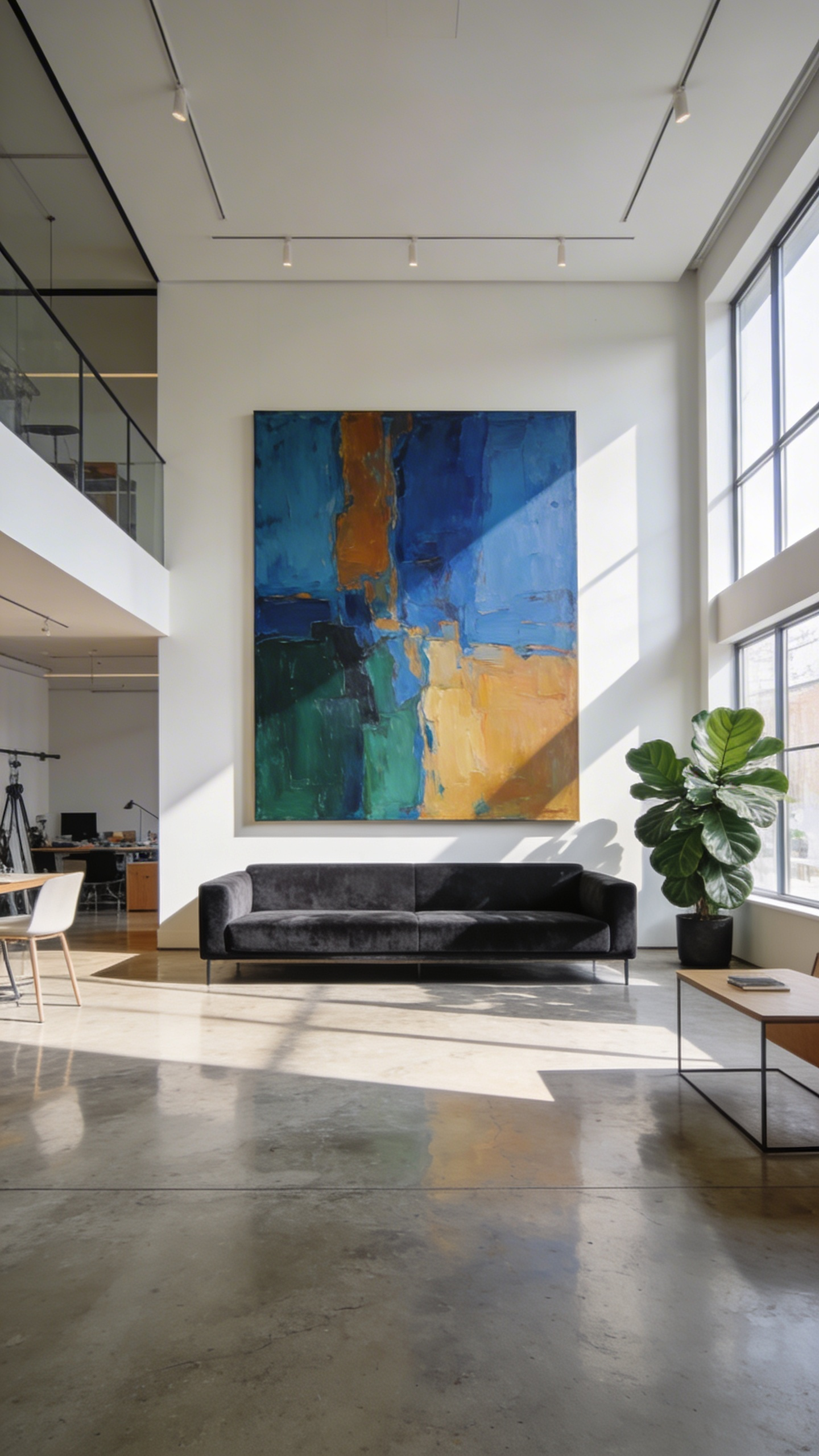 A large abstract statement canvas hanging on a minimalist living room wall above a modern sofa in a bright open-concept apartment.