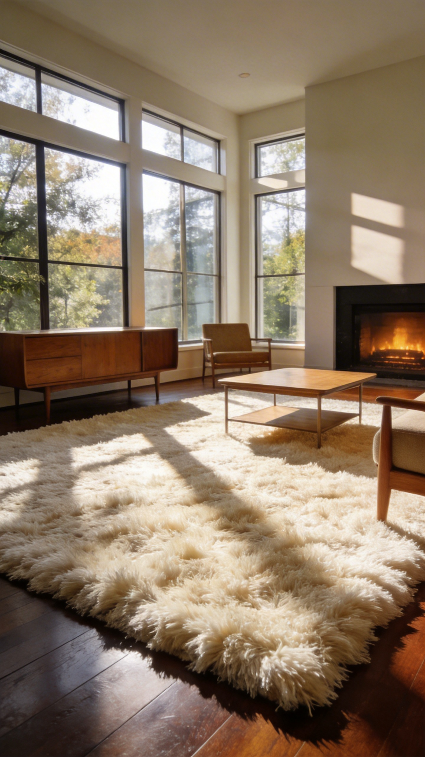 A luxurious high-pile plush rug in a sunlit modern living room with hardwood floors and minimalist furniture.
