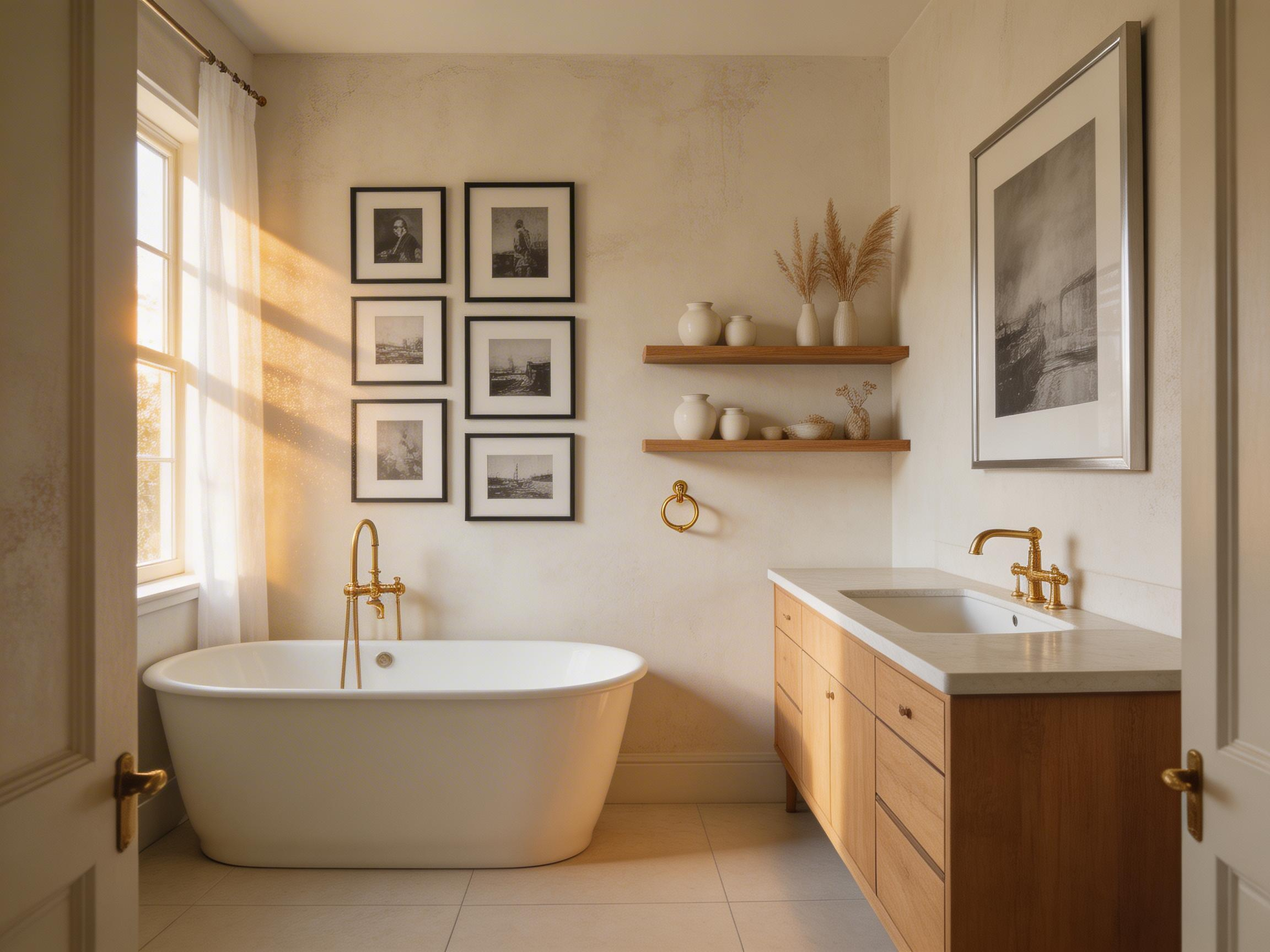 A comprehensive bathroom gallery scene featuring multiple art display methods including framed photography gallery wall, statement print above vanity, and styled shelving with art objects