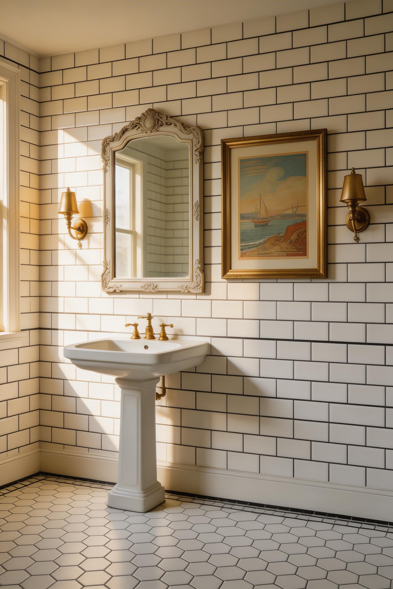 Nostalgic bathroom displaying a framed vintage poster with graphic typography alongside an antique mirror