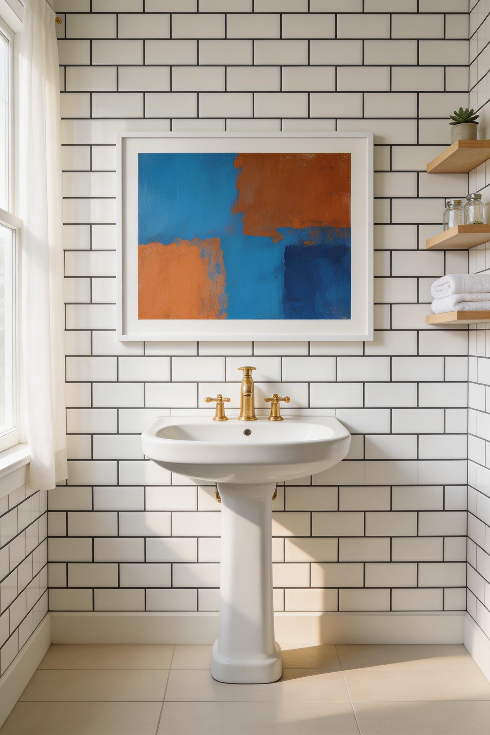 Modern bathroom featuring a dramatic abstract color field canvas print with bold blue and terracotta tones