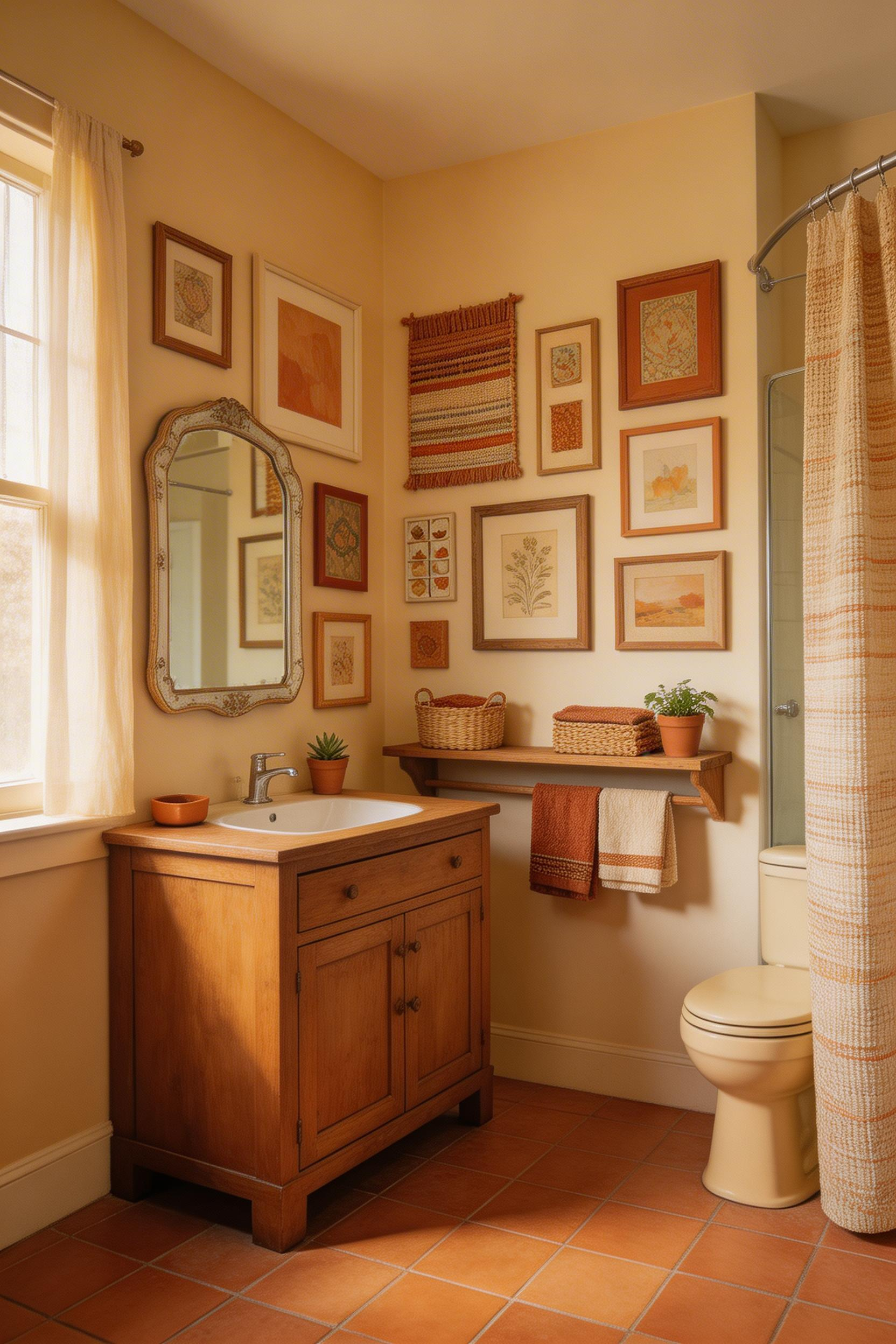 Eclectic bathroom wall displaying curated handmade and artist market art pieces in mixed media