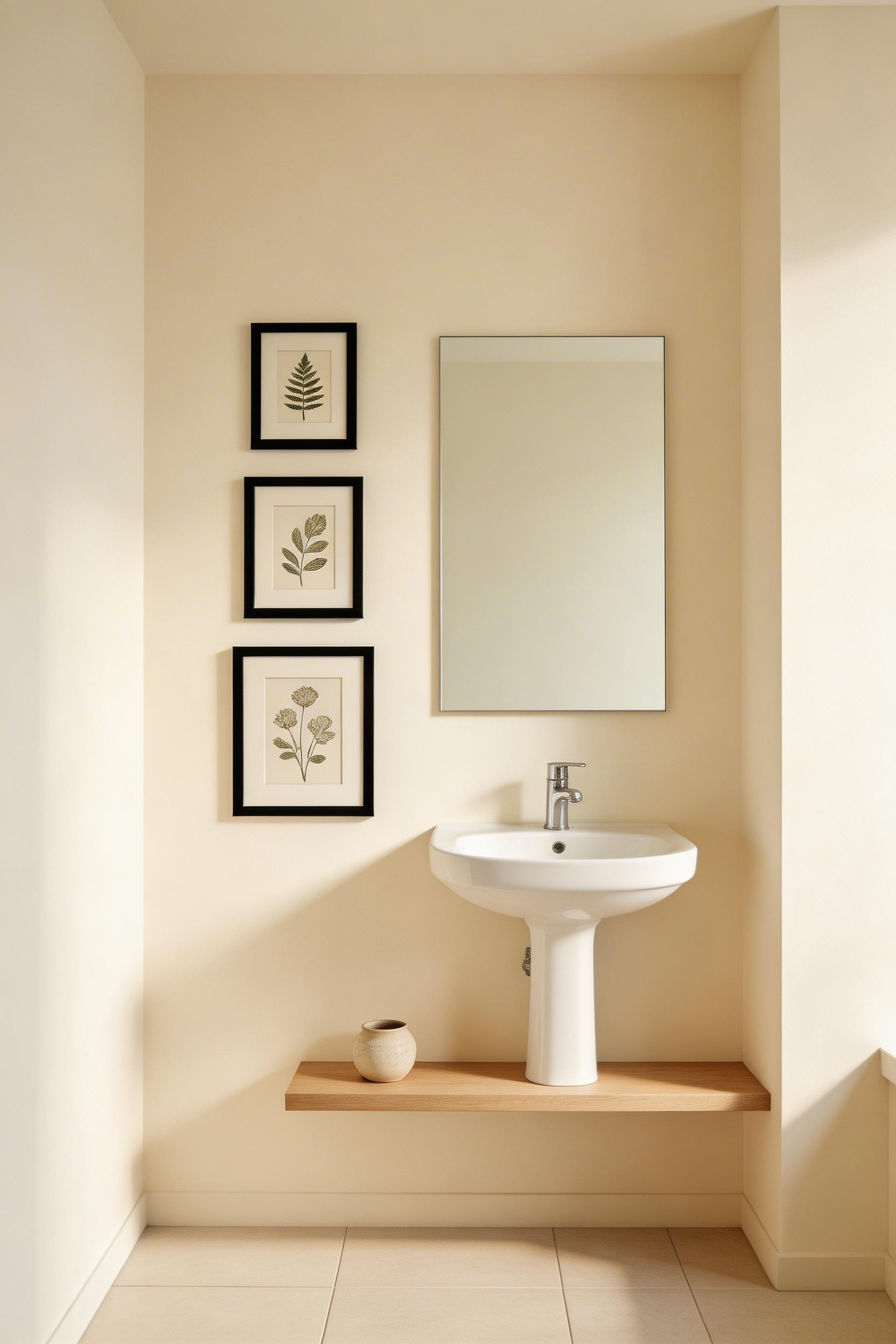 Compact bathroom with a cohesive three-piece botanical print series in matching frames creating elegant vertical arrangement